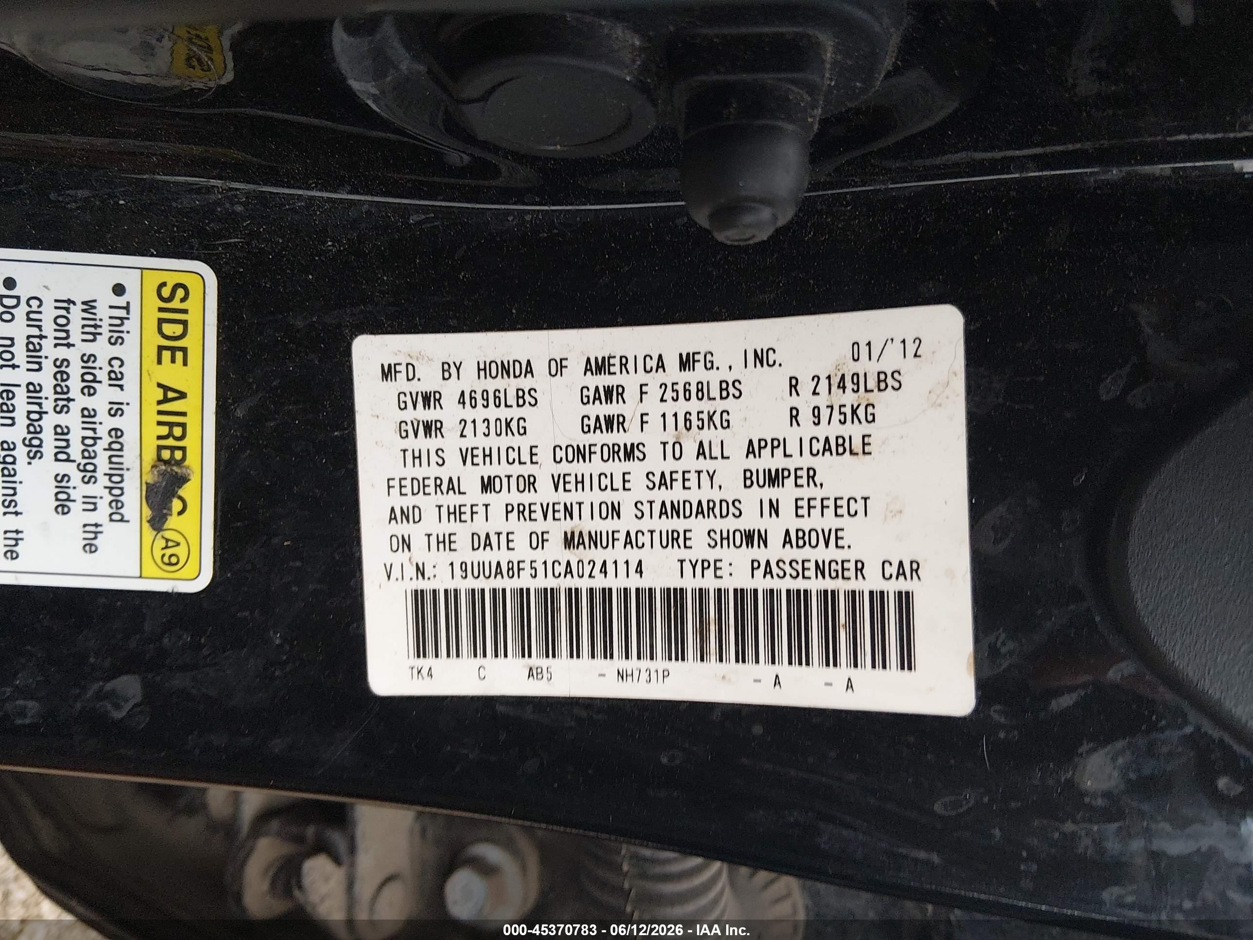 2012 Acura Tl 3.5 Black vin: 19UUA8F51CA024114