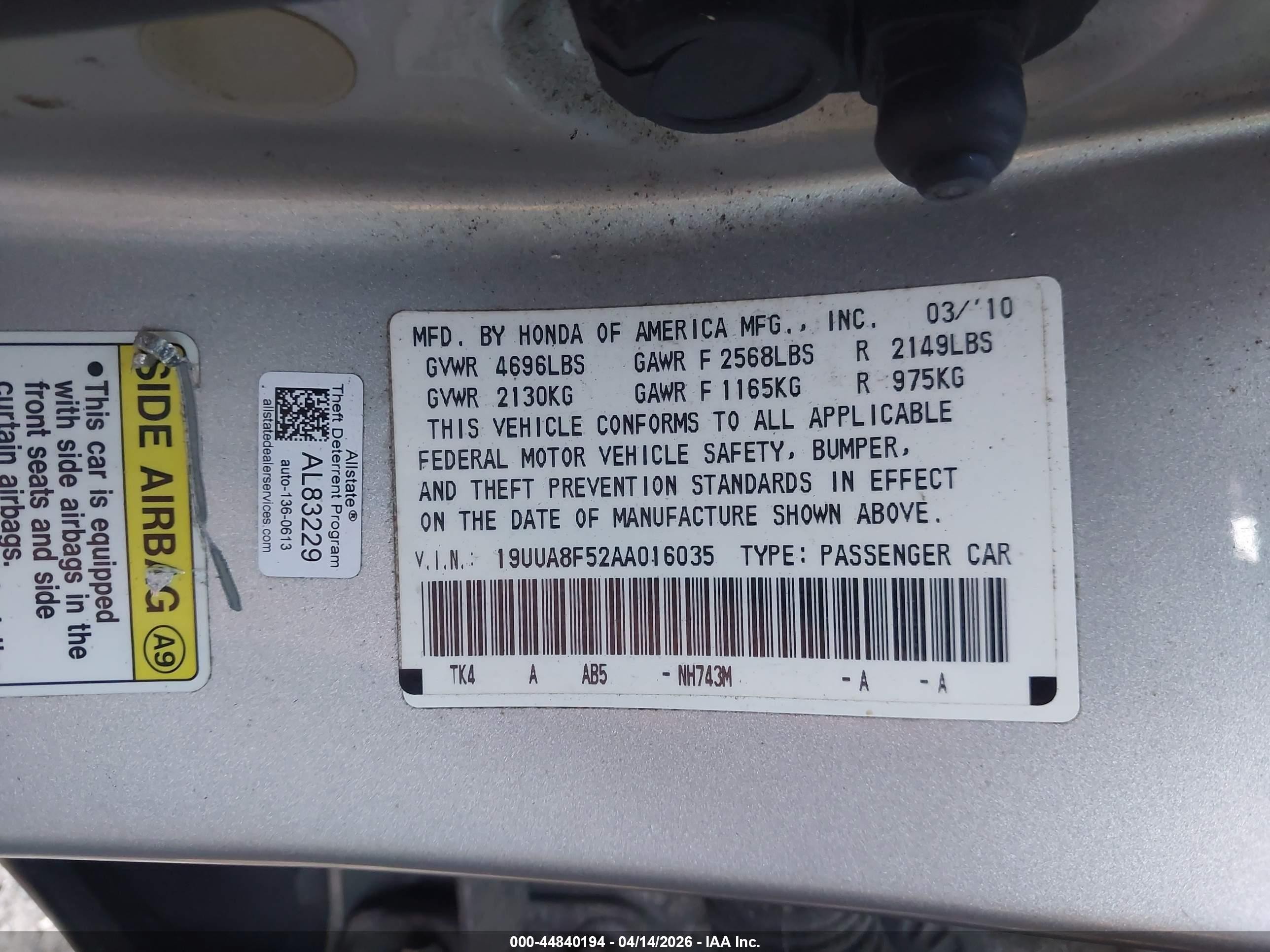 2010 Acura Tl 3.5 Серебряный vin: 19UUA8F52AA016035