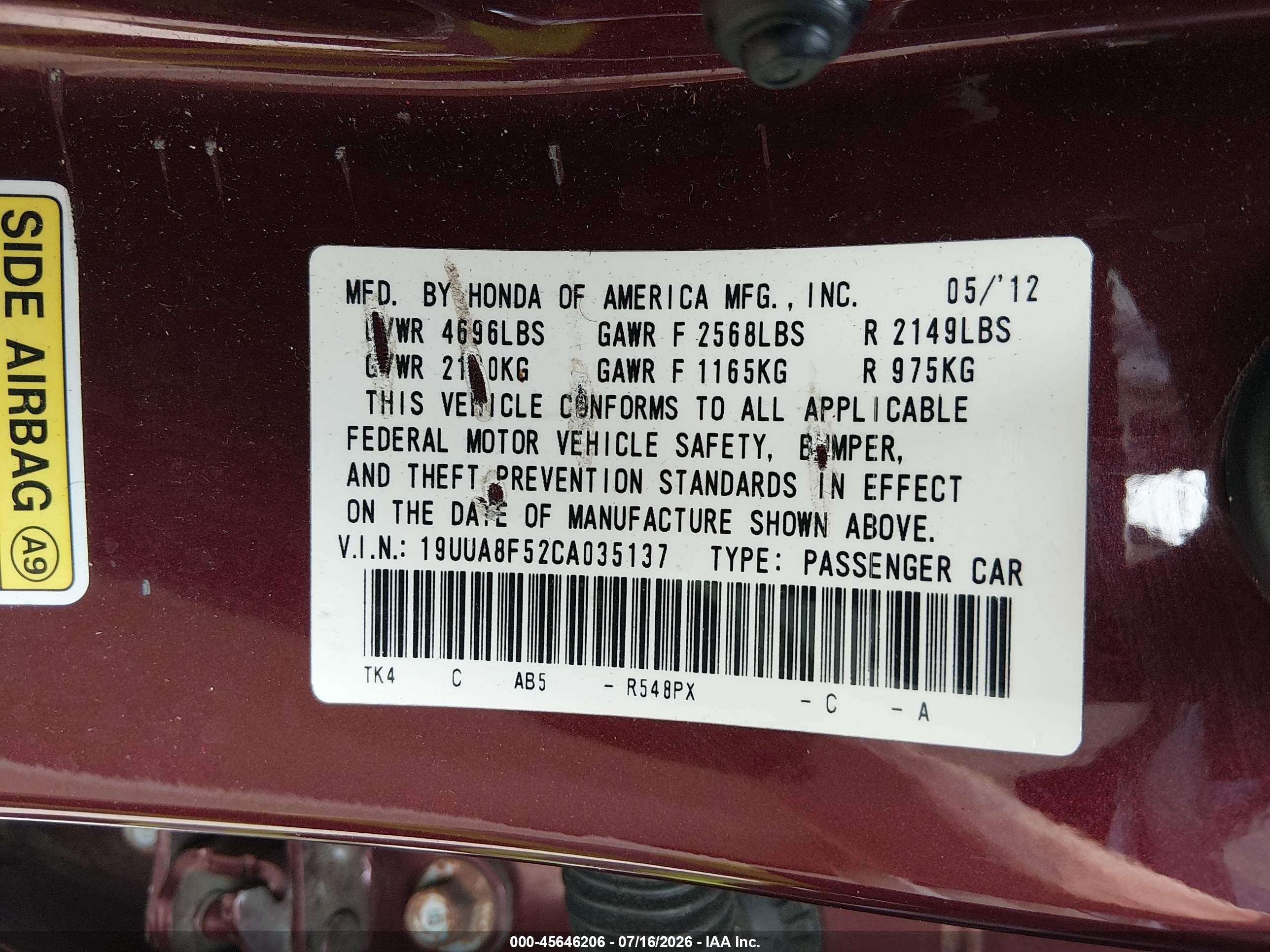 2012 Acura Tl 3.5 Красный vin: 19UUA8F52CA035137