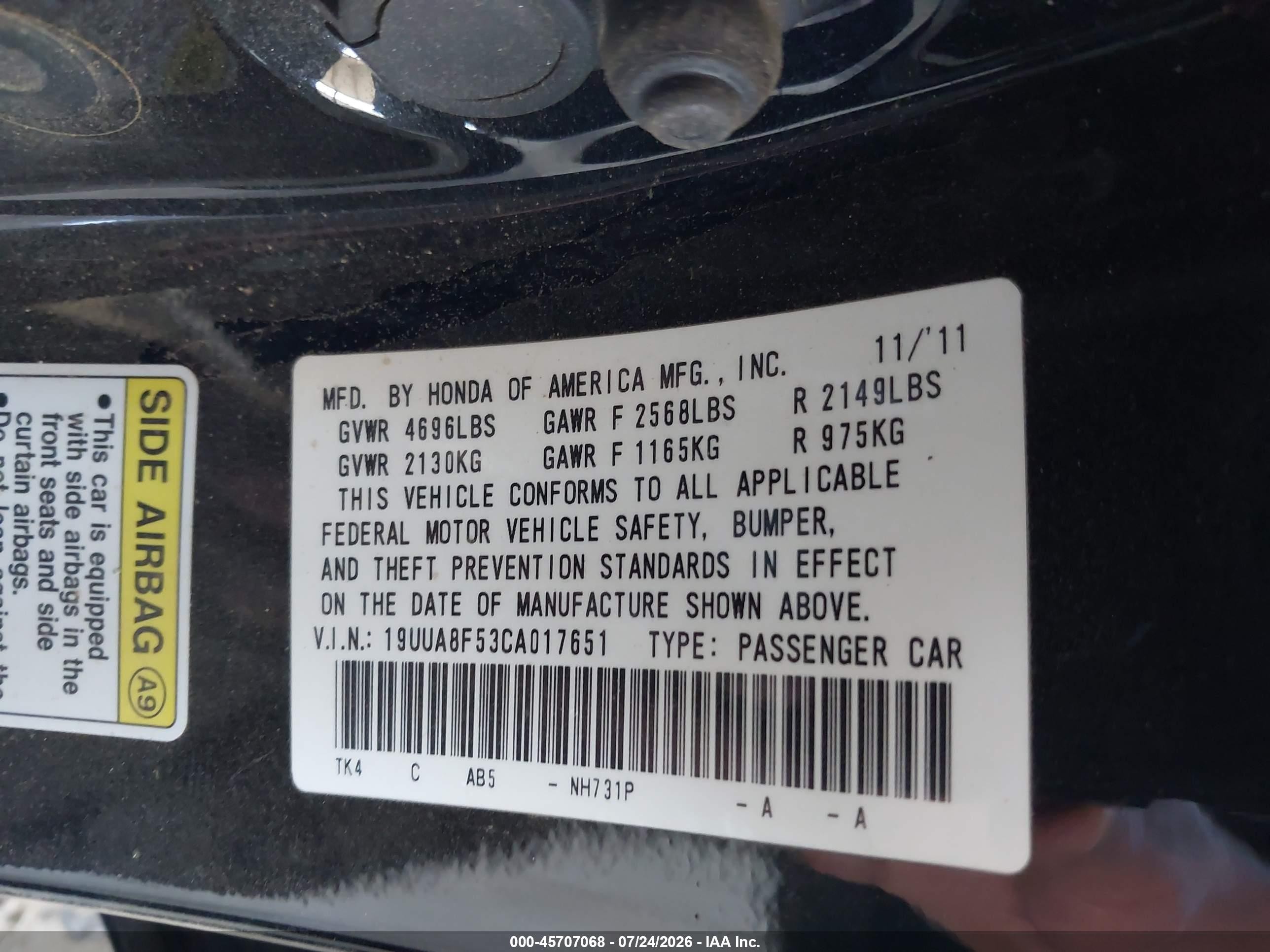 2012 Acura Tl 3.5 Black vin: 19UUA8F53CA017651