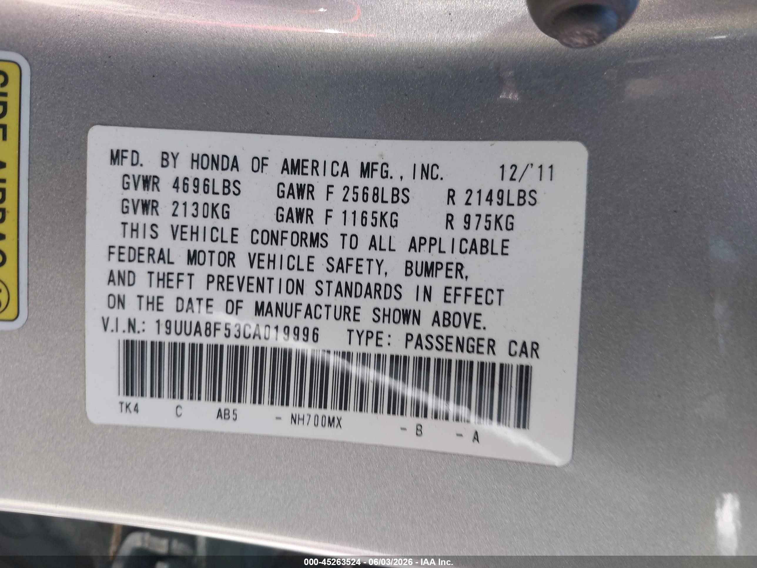 2012 Acura Tl 3.5 Silver vin: 19UUA8F53CA019996