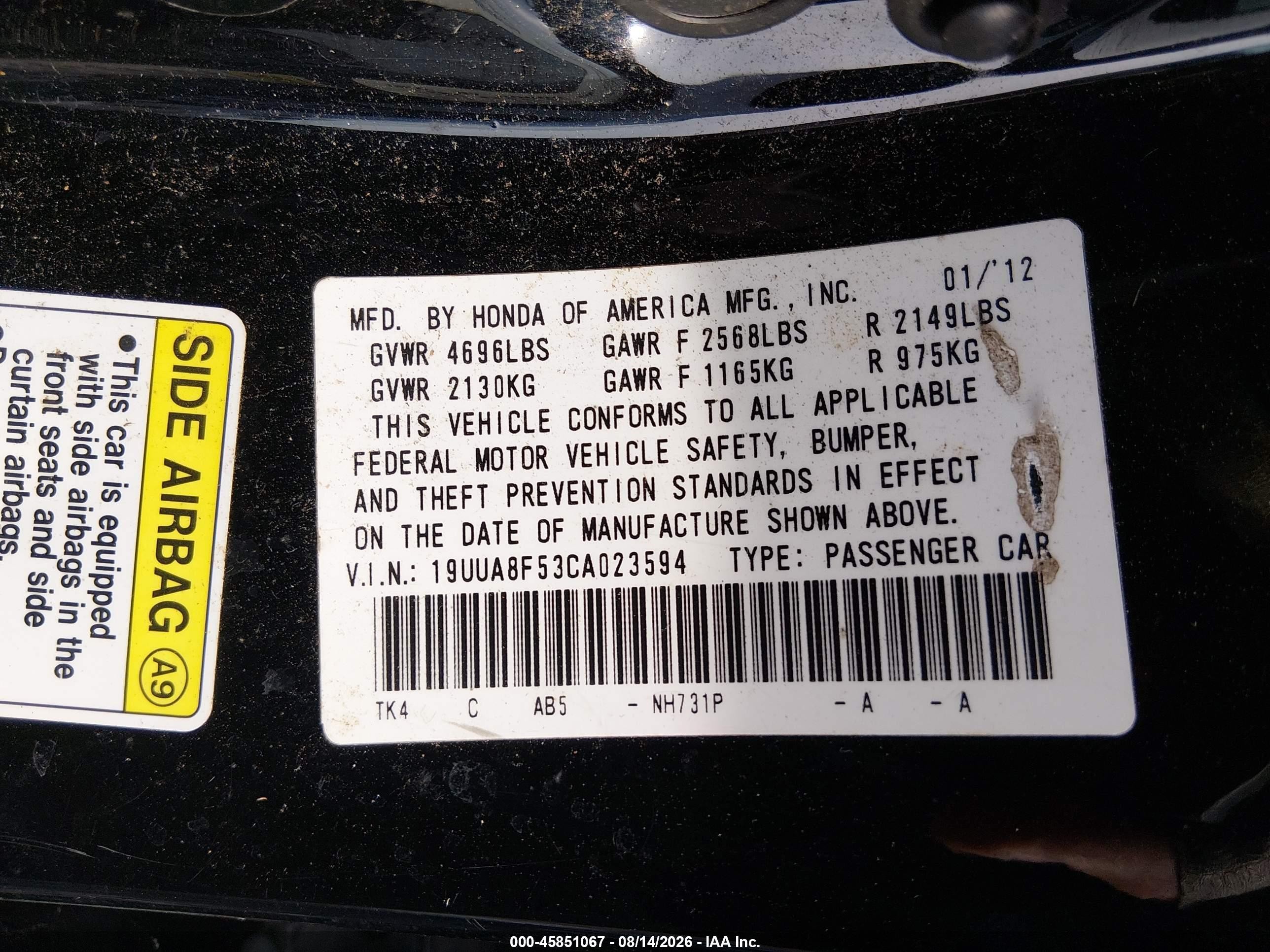 2012 Acura Tl 3.5 Black vin: 19UUA8F53CA023594