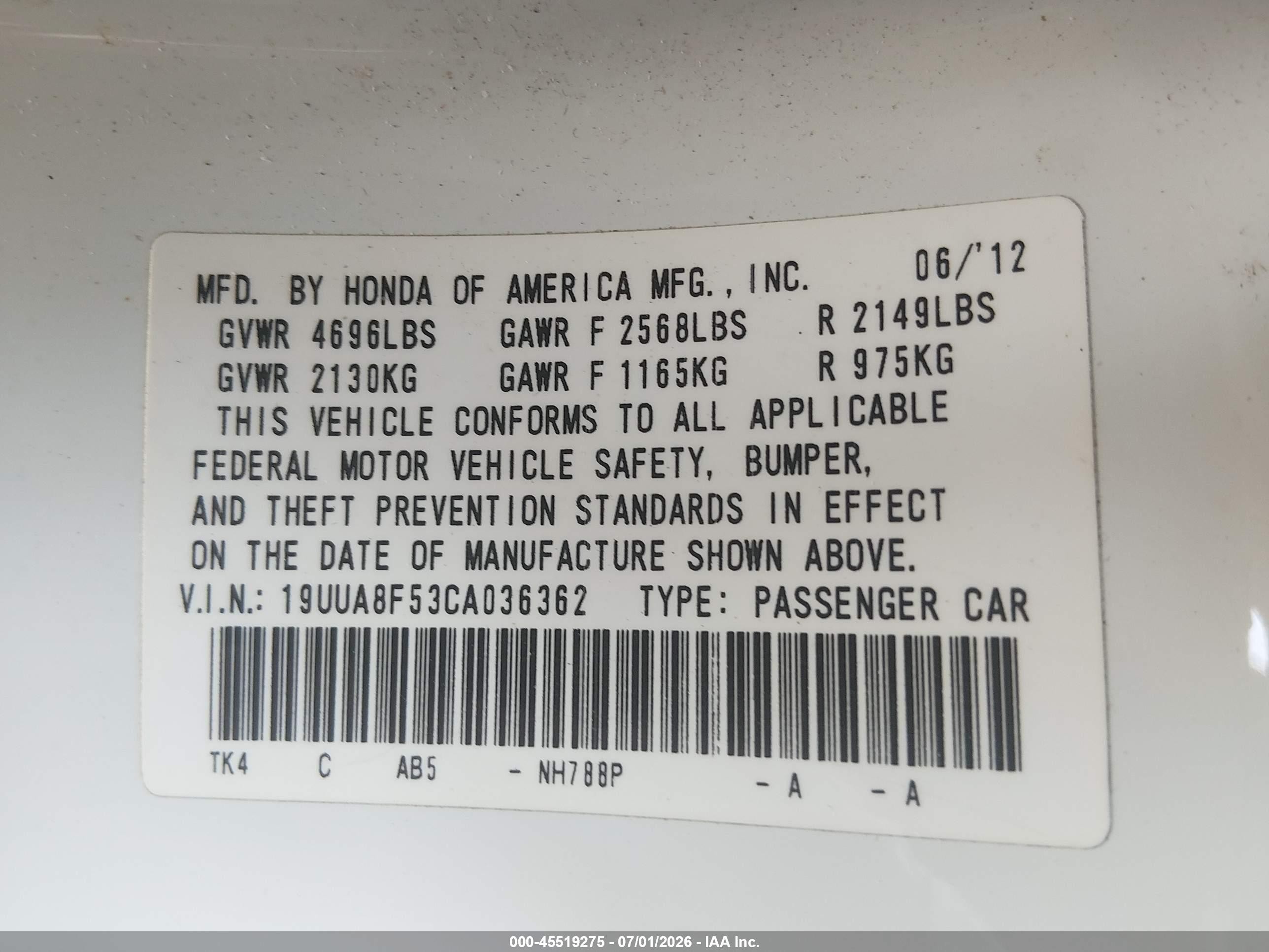2012 Acura Tl 3.5 White vin: 19UUA8F53CA036362