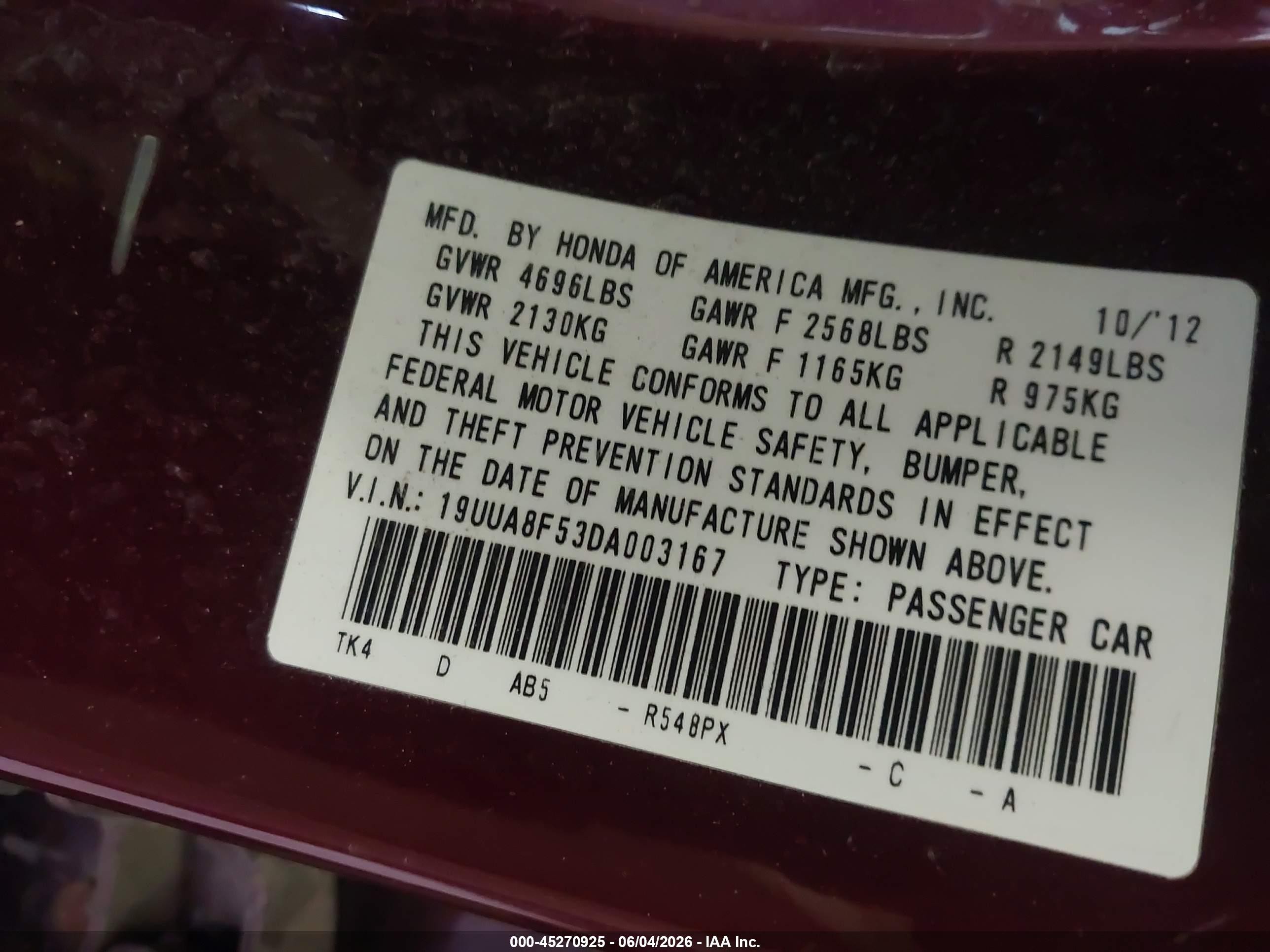 2013 Acura Tl 3.5 Red vin: 19UUA8F53DA003167
