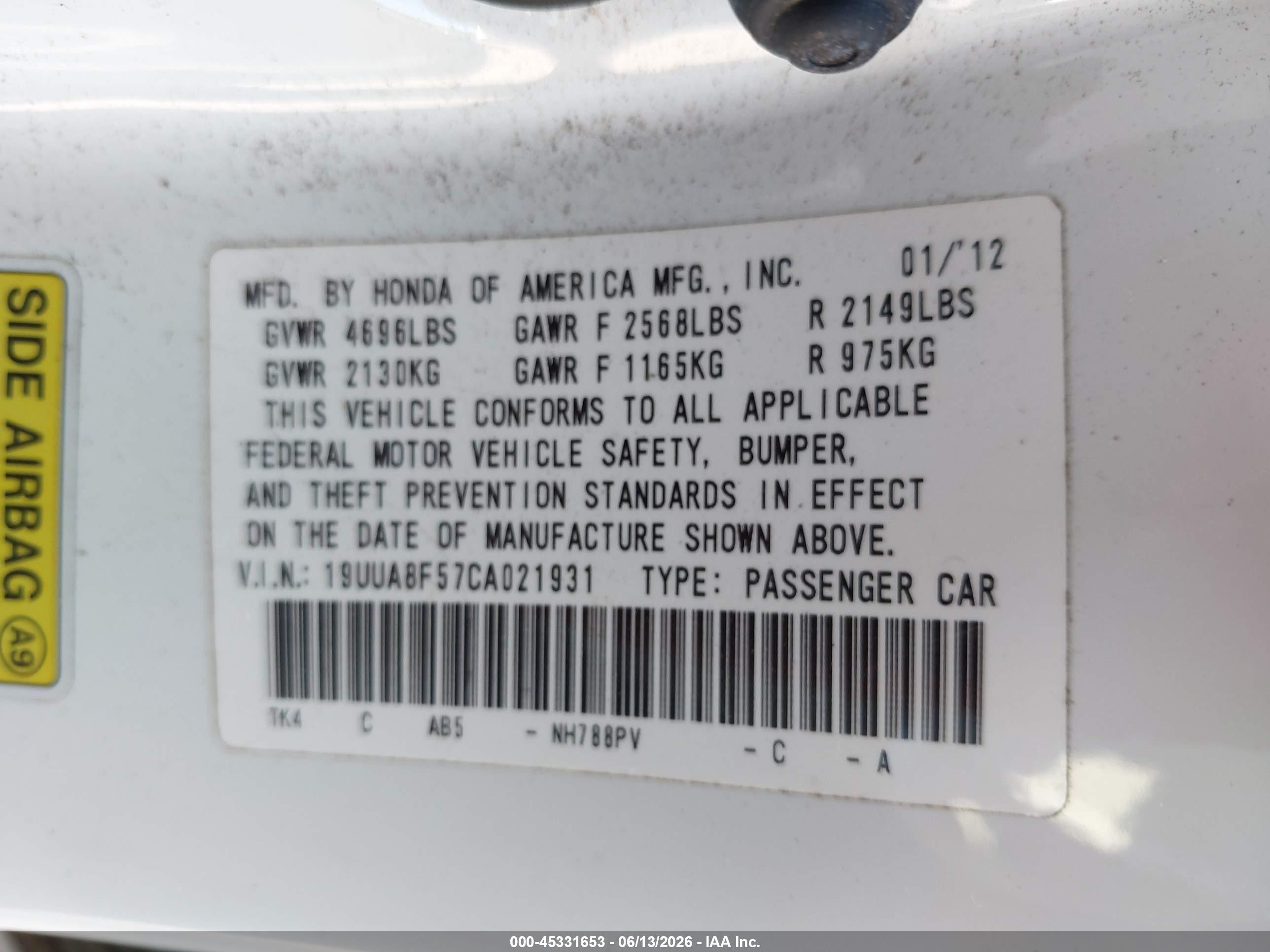 2012 Acura Tl 3.5 White vin: 19UUA8F57CA021931