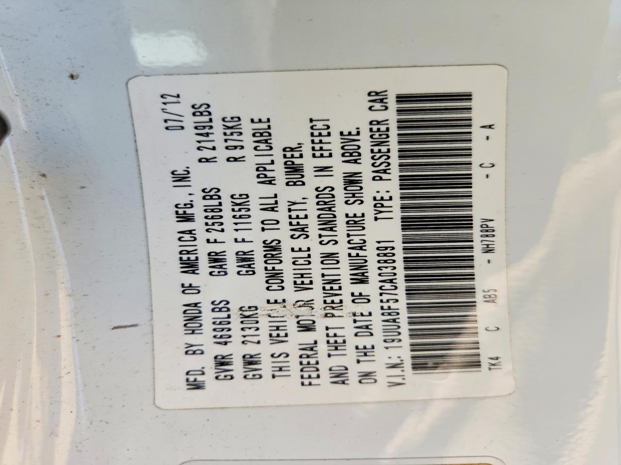 2012 Acura Tl White vin: 19UUA8F57CA038891
