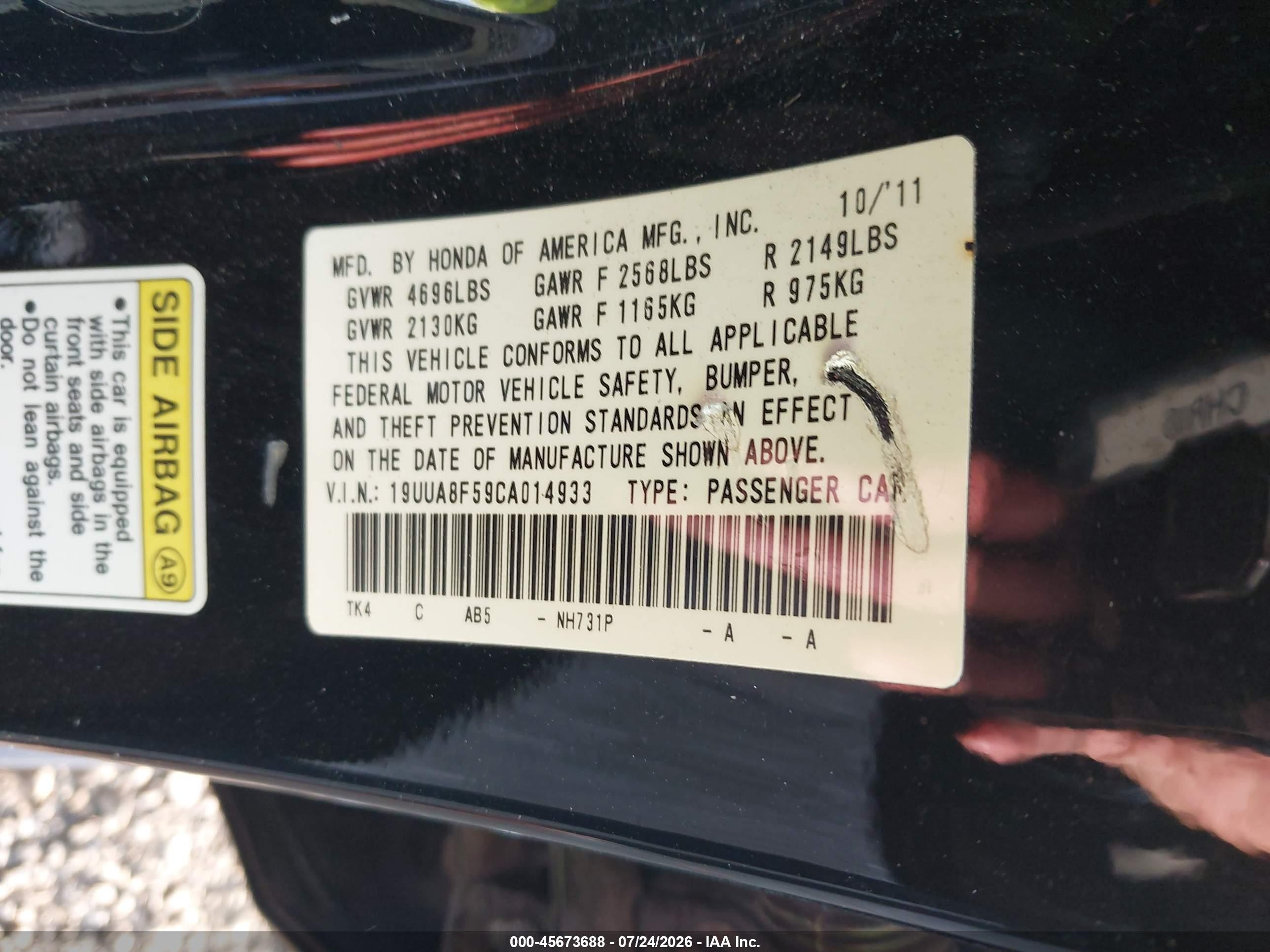 2012 Acura Tl 3.5 Black vin: 19UUA8F59CA014933