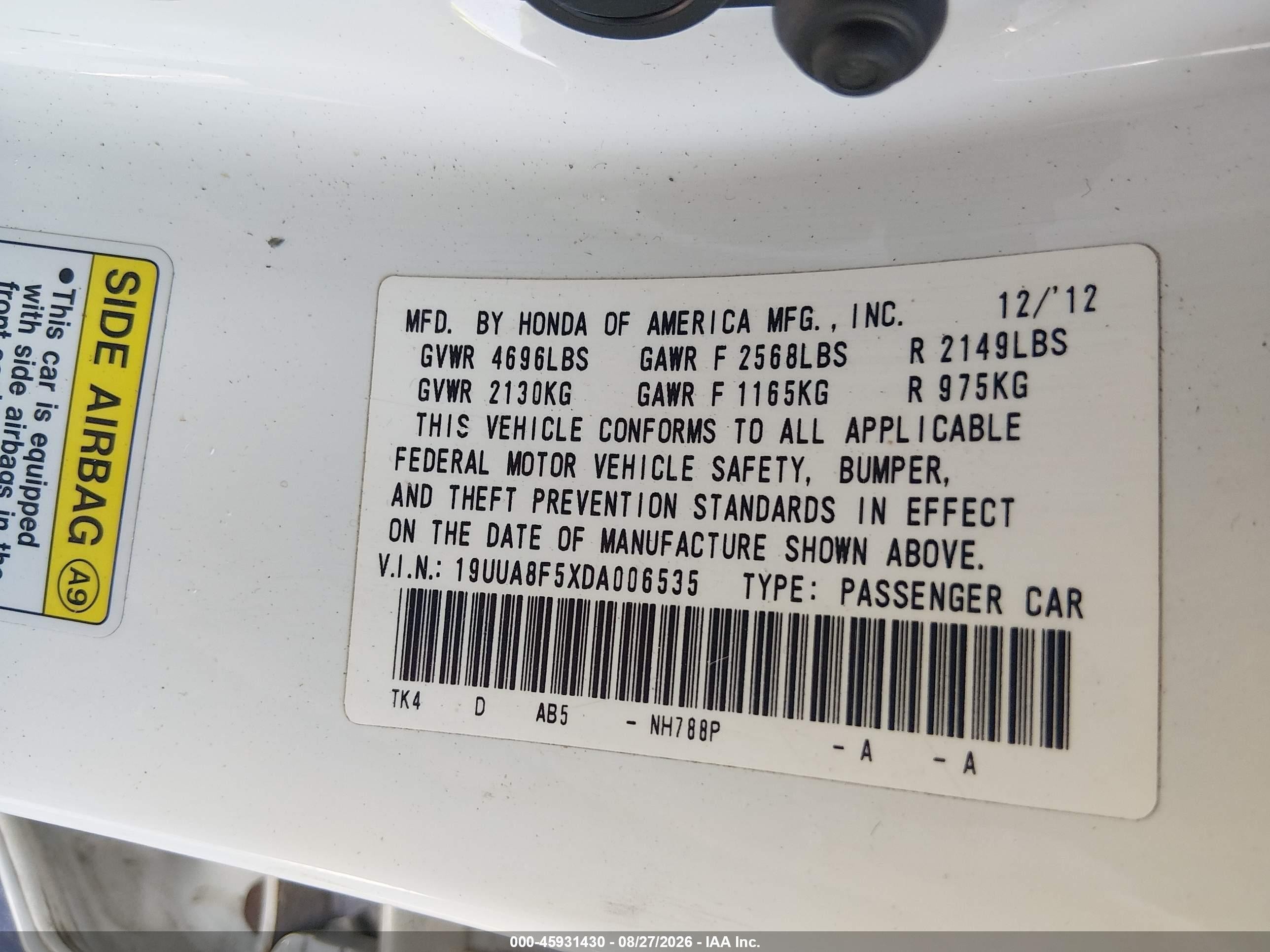 2013 Acura Tl 3.5 White vin: 19UUA8F5XDA006535