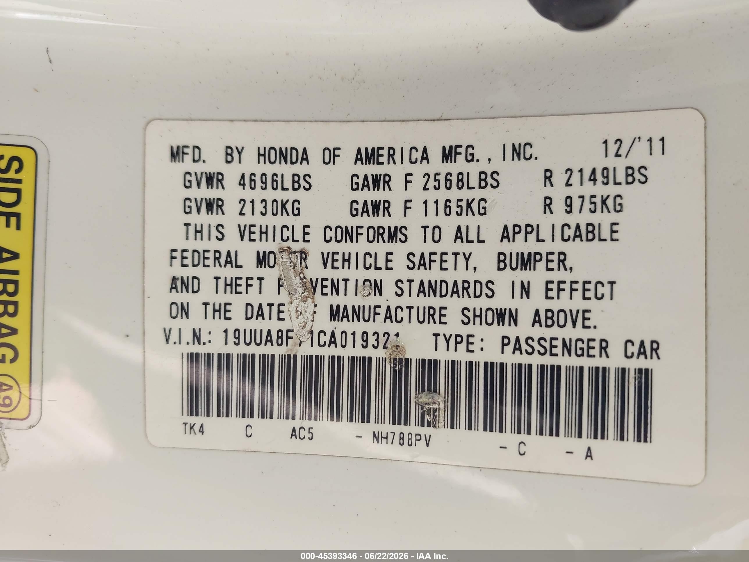 2012 Acura Tl 3.5 White vin: 19UUA8F71CA019321