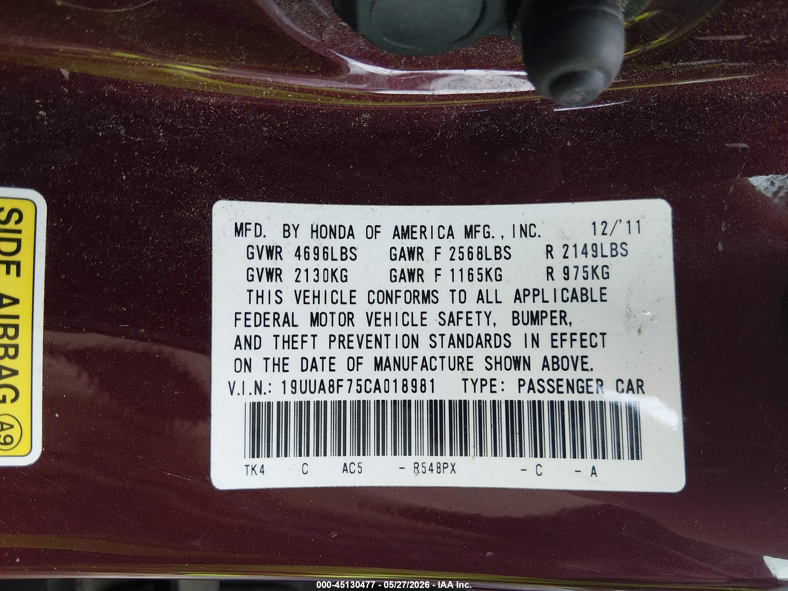 2012 Acura Tl 3.5 Maroon vin: 19UUA8F75CA018981