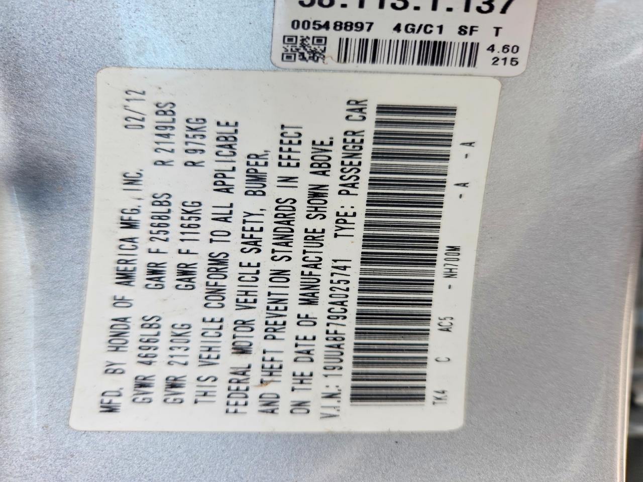 2012 Acura Atl Silver vin: 19UUA8F79CA025741