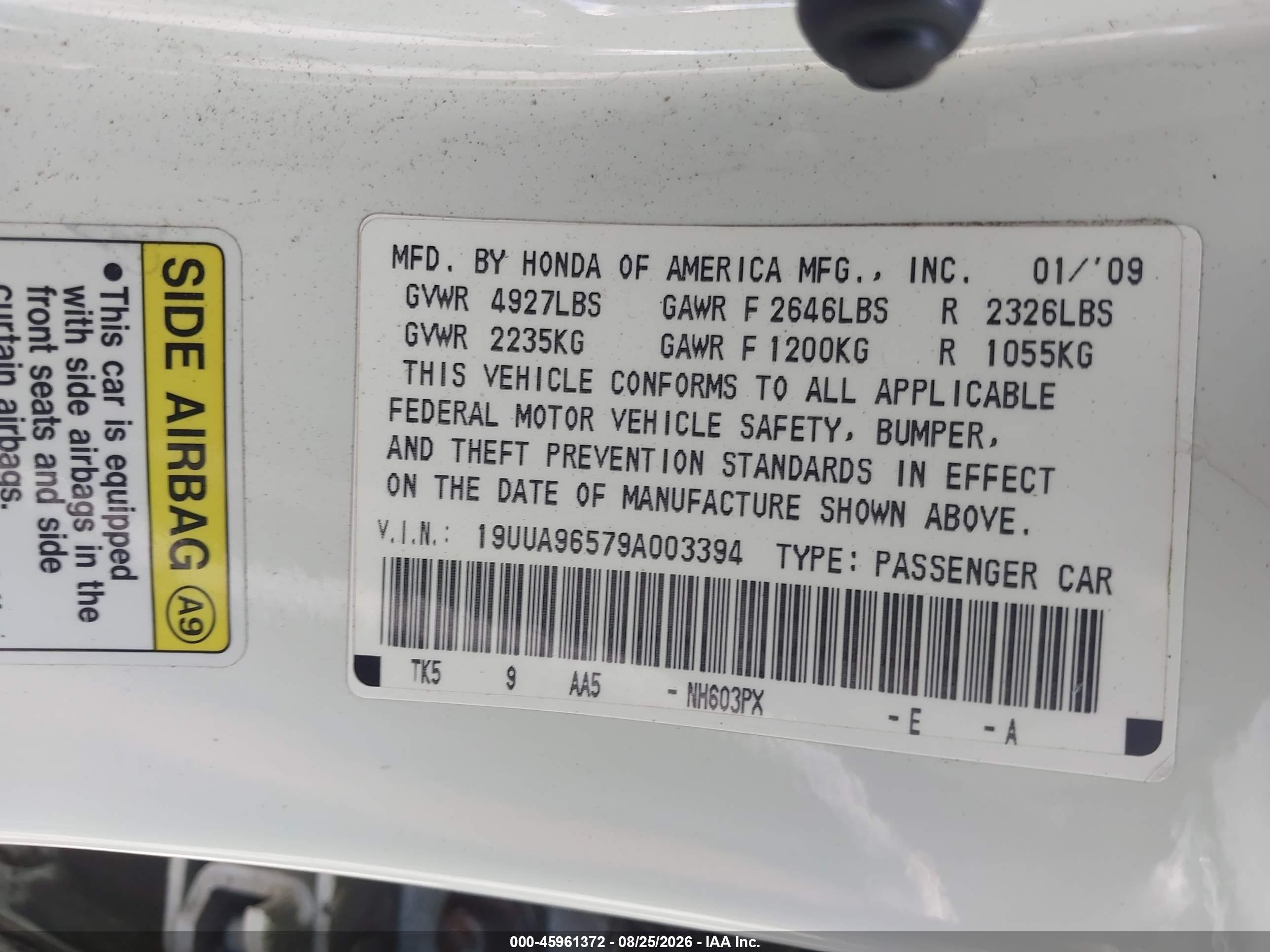 2009 Acura Tl 3.7 White vin: 19UUA96579A003394