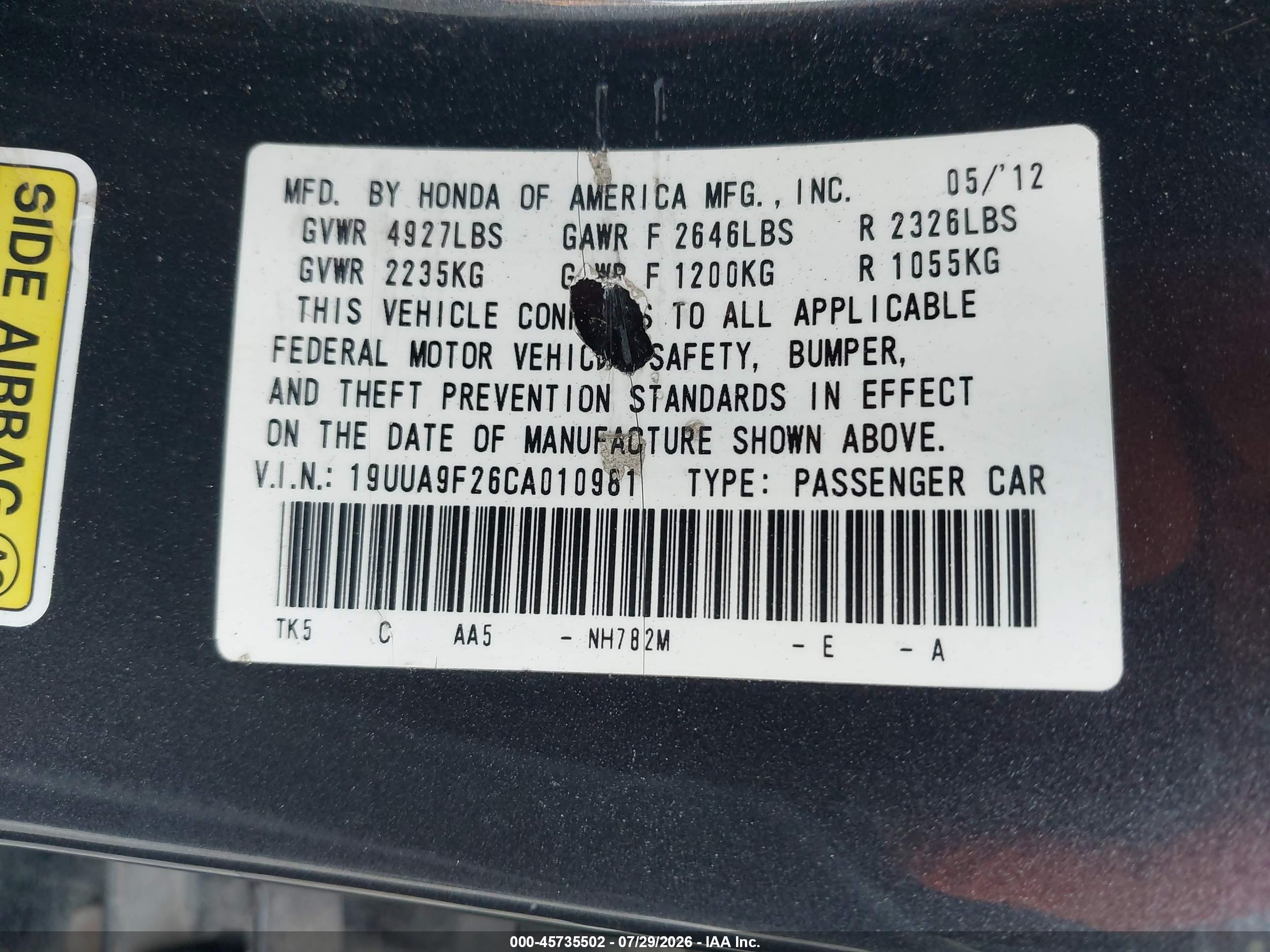 2012 Acura Tl 3.7 Gray vin: 19UUA9F26CA010981