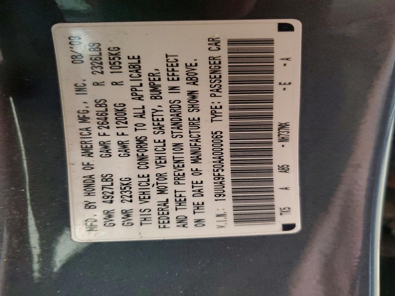 2010 Acura Tl Charcoal vin: 19UUA9F50AA000065