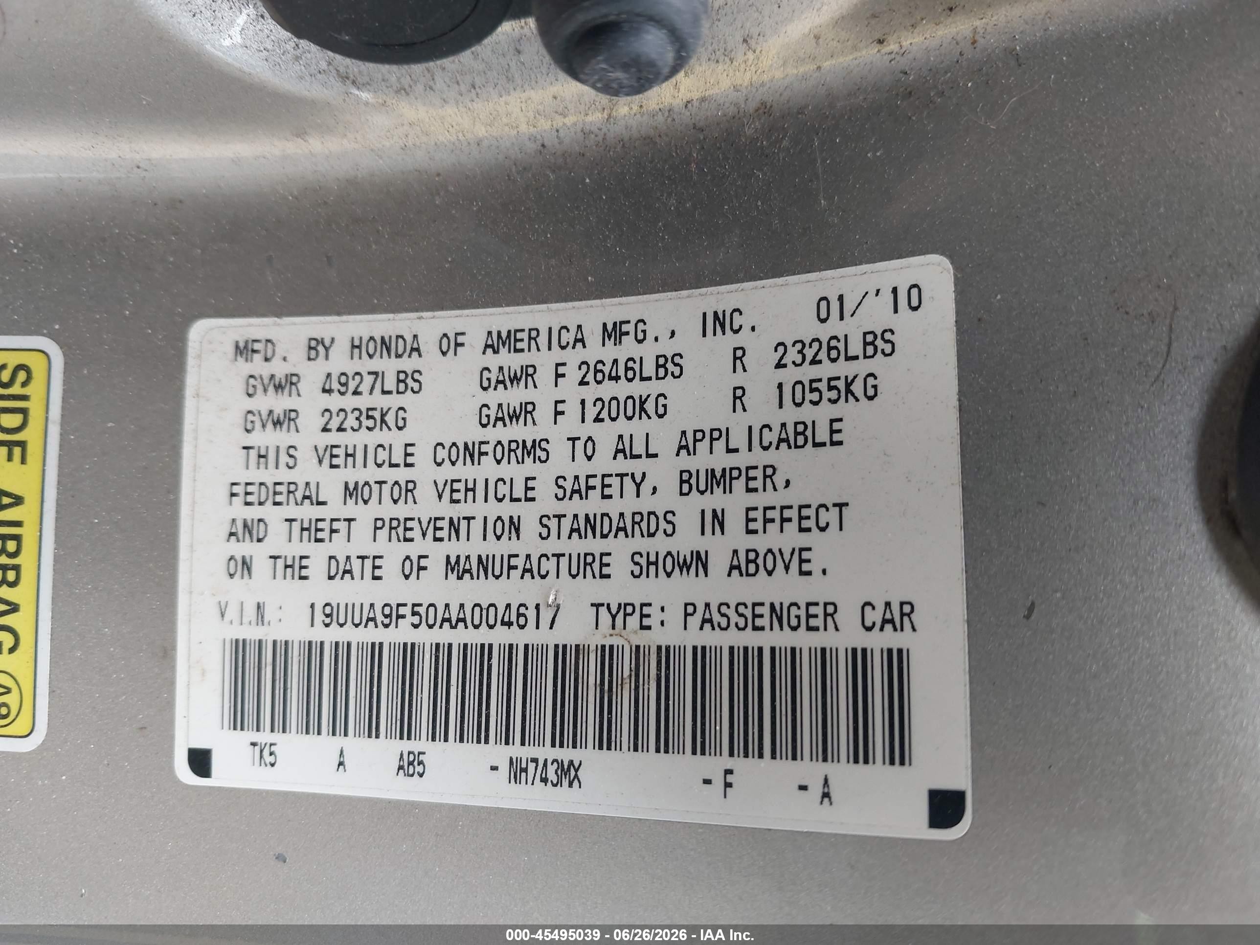2010 Acura Tl 3.7 Серебряный vin: 19UUA9F50AA004617