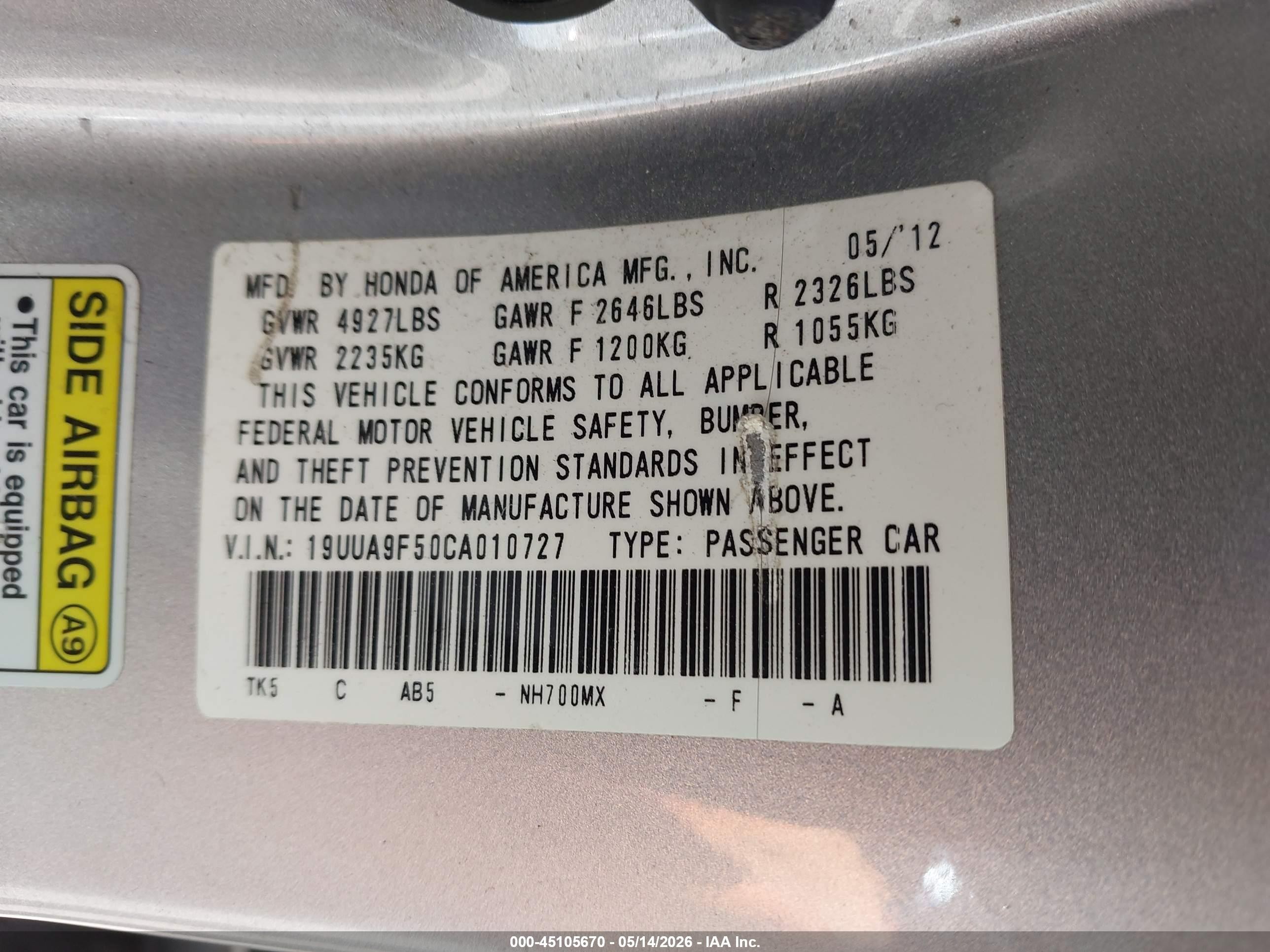 2012 Acura Tl 3.7 Silver vin: 19UUA9F50CA010727