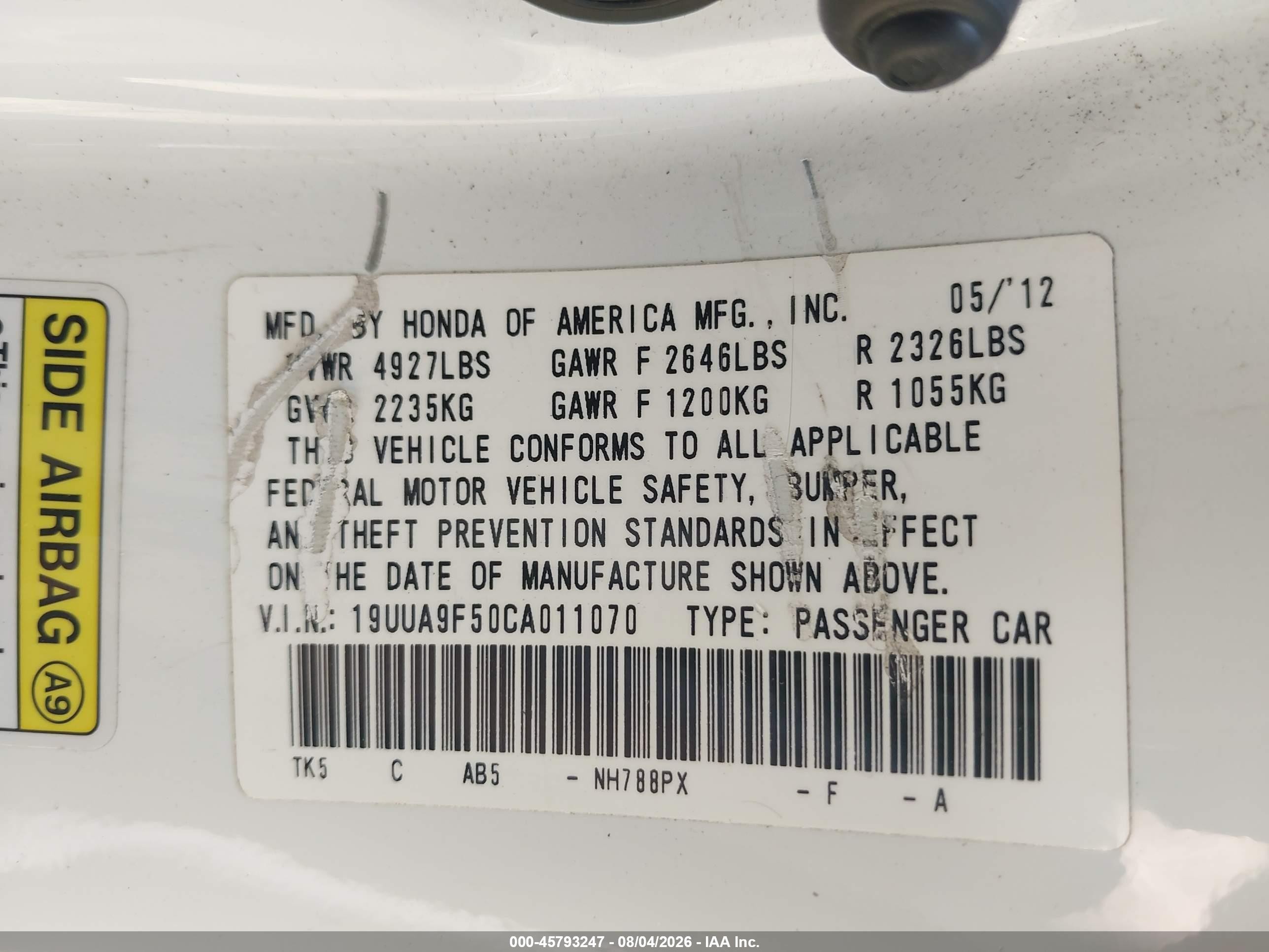 2012 Acura Tl 3.7 White vin: 19UUA9F50CA011070