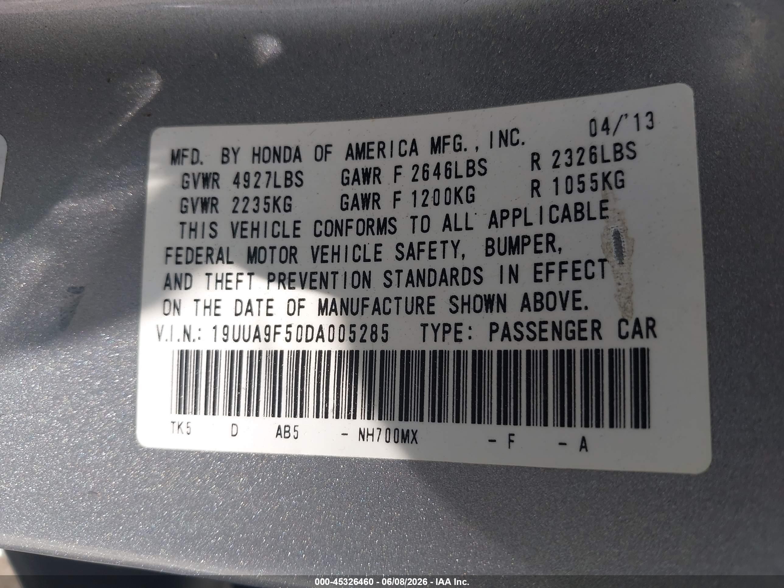2013 Acura Tl 3.7 Gray vin: 19UUA9F50DA005285