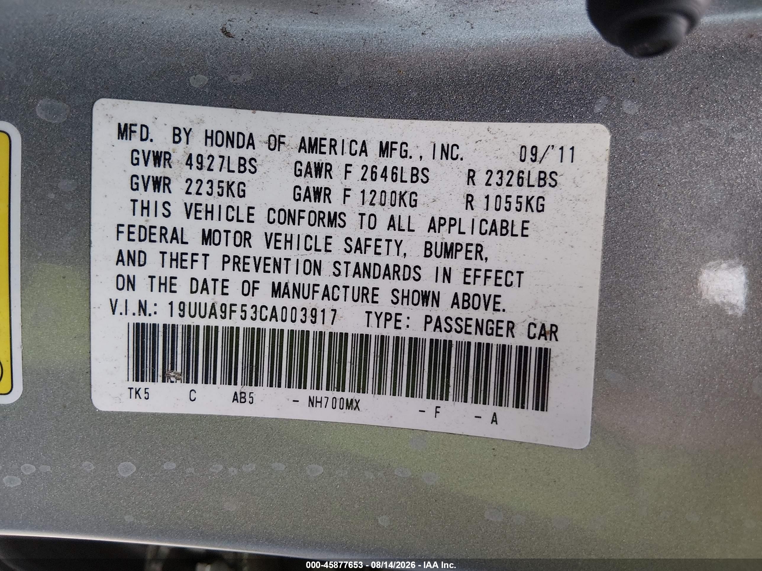 2012 Acura Tl 3.7 Серебряный vin: 19UUA9F53CA003917