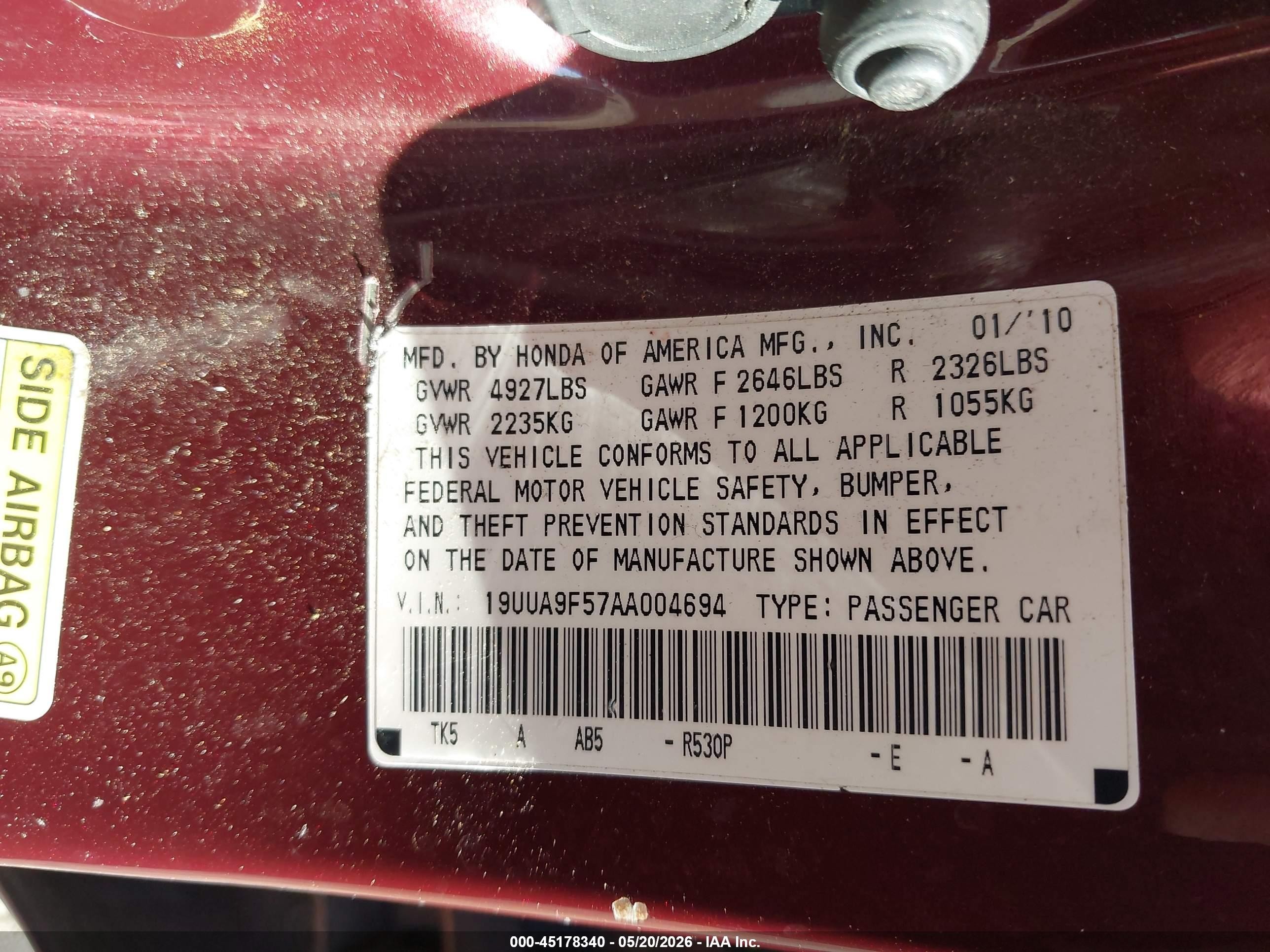 2010 Acura Tl 3.7 Burgundy vin: 19UUA9F57AA004694