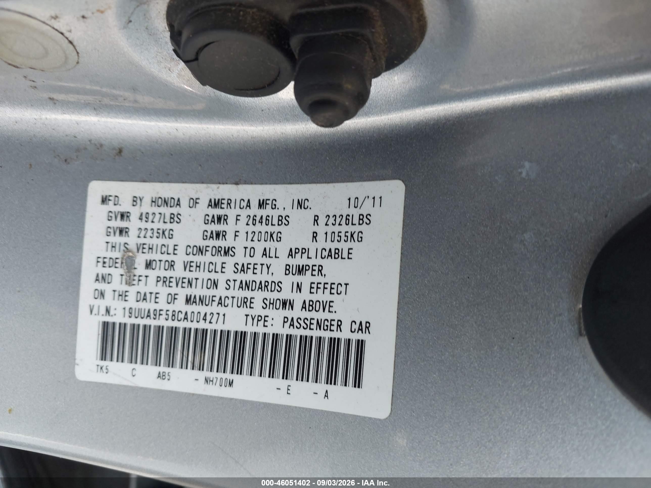 2012 Acura Tl 3.7 Silver vin: 19UUA9F58CA004271