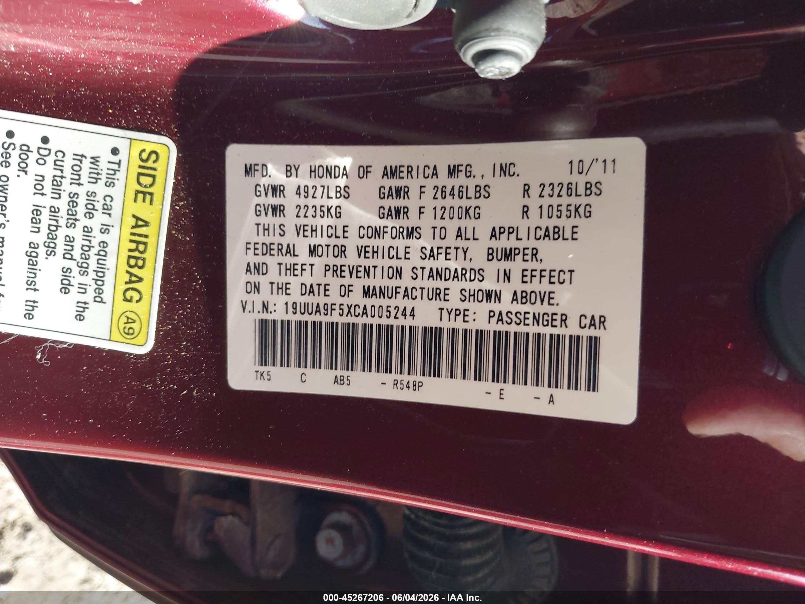 2012 Acura Tl 3.7 Burgundy vin: 19UUA9F5XCA005244