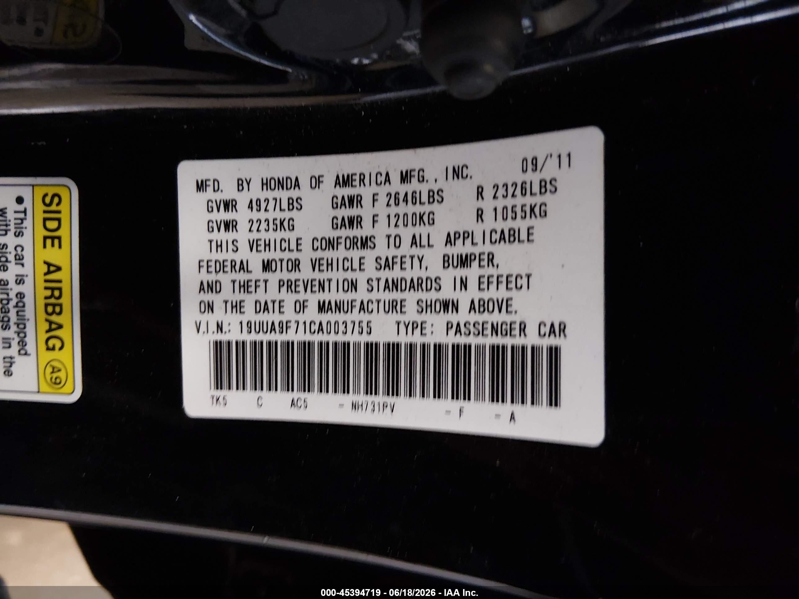 2012 Acura Tl 3.7 Black vin: 19UUA9F71CA003755