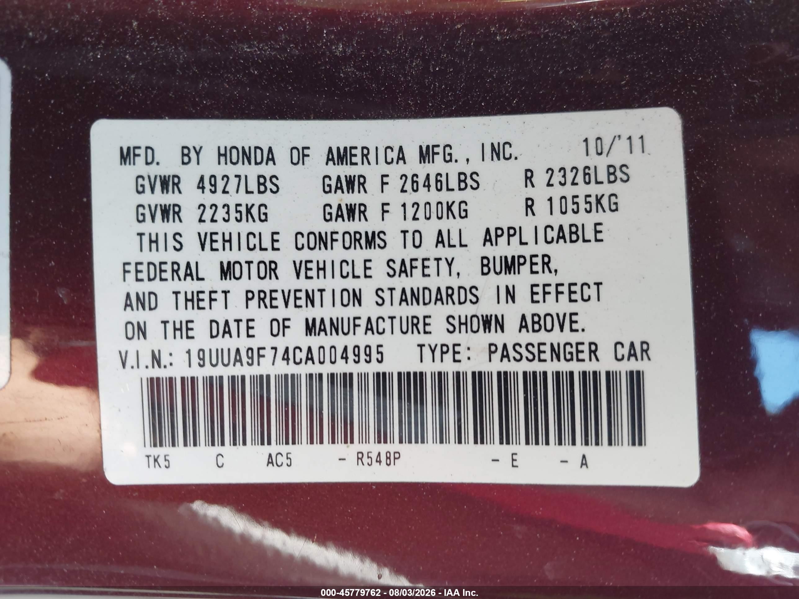 2012 Acura Tl 3.7 Maroon vin: 19UUA9F74CA004995