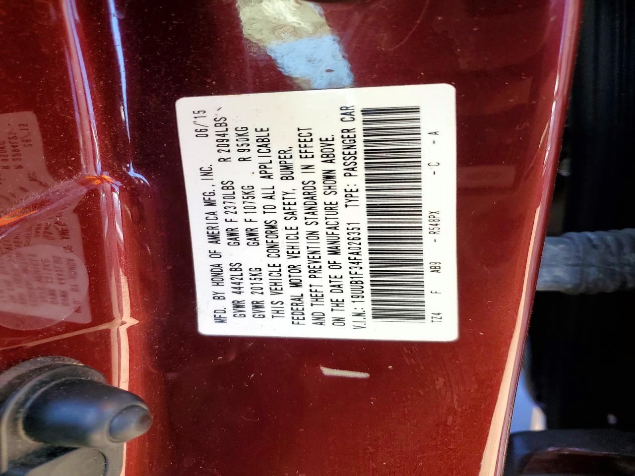 2015 Acura Tlx Red vin: 19UUB1F34FA026351