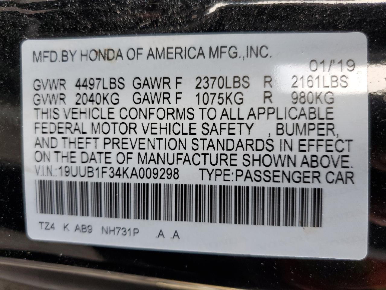 2019 Acura Tlx  Black vin: 19UUB1F34KA009298