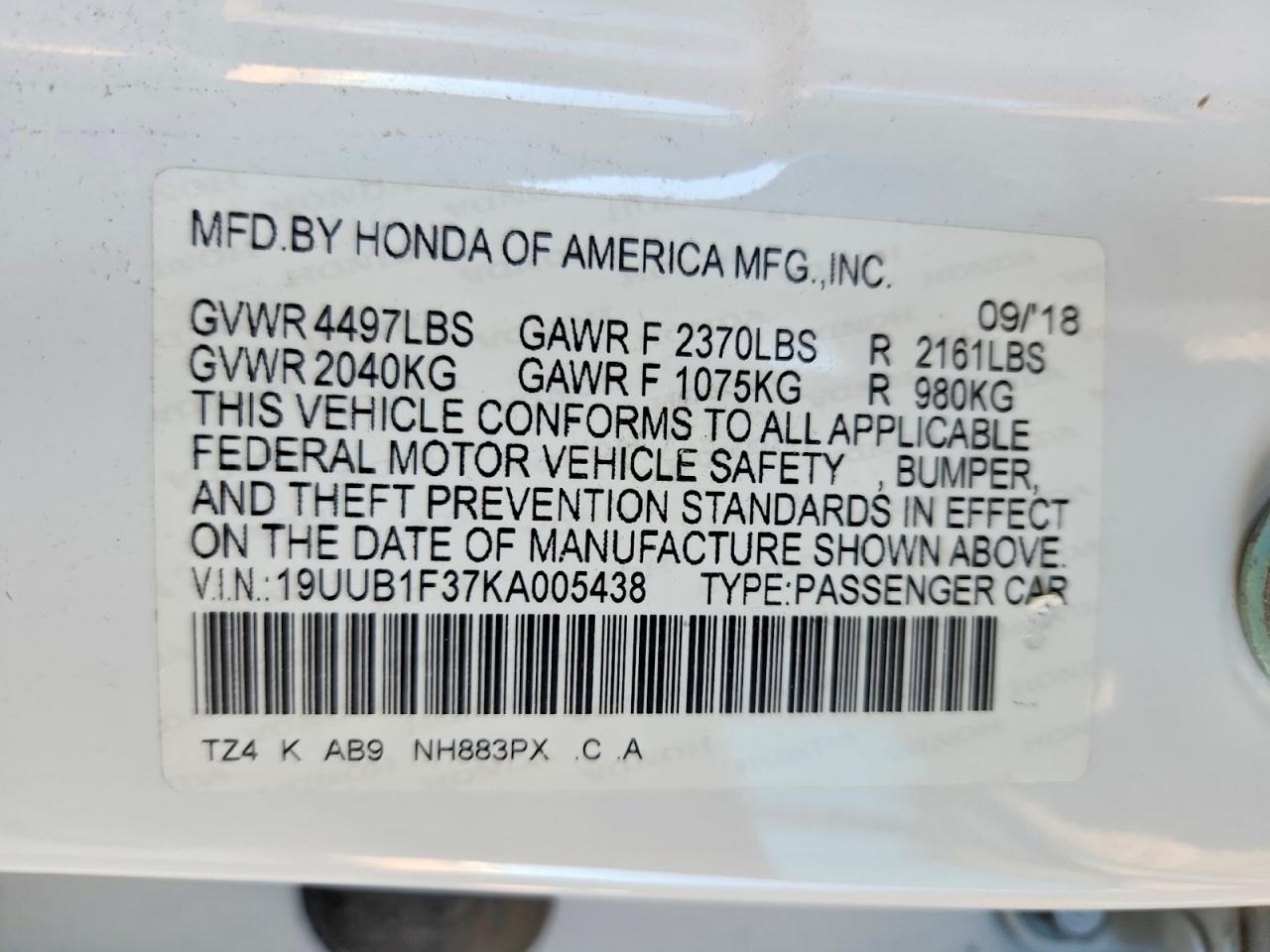 2019 Acura Tlx White vin: 19UUB1F37KA005438