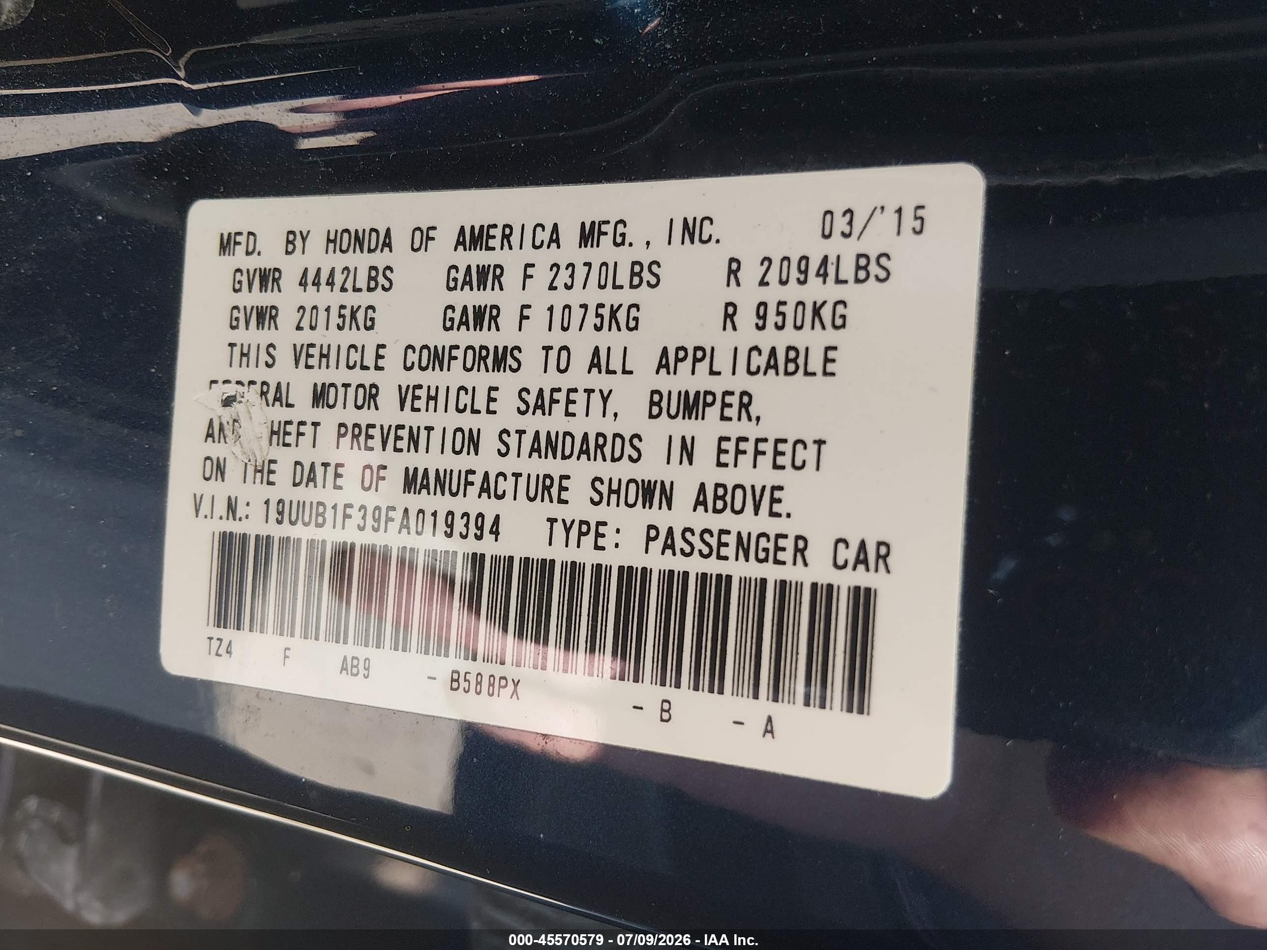 2015 Acura Tlx   Синий vin: 19UUB1F39FA019394