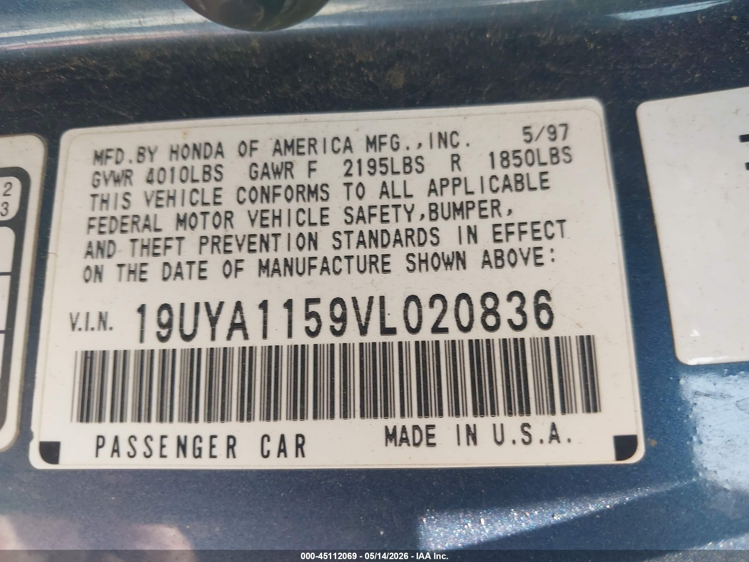 1997 Acura Cl 2.2 Light Blue vin: 19UYA1159VL020836