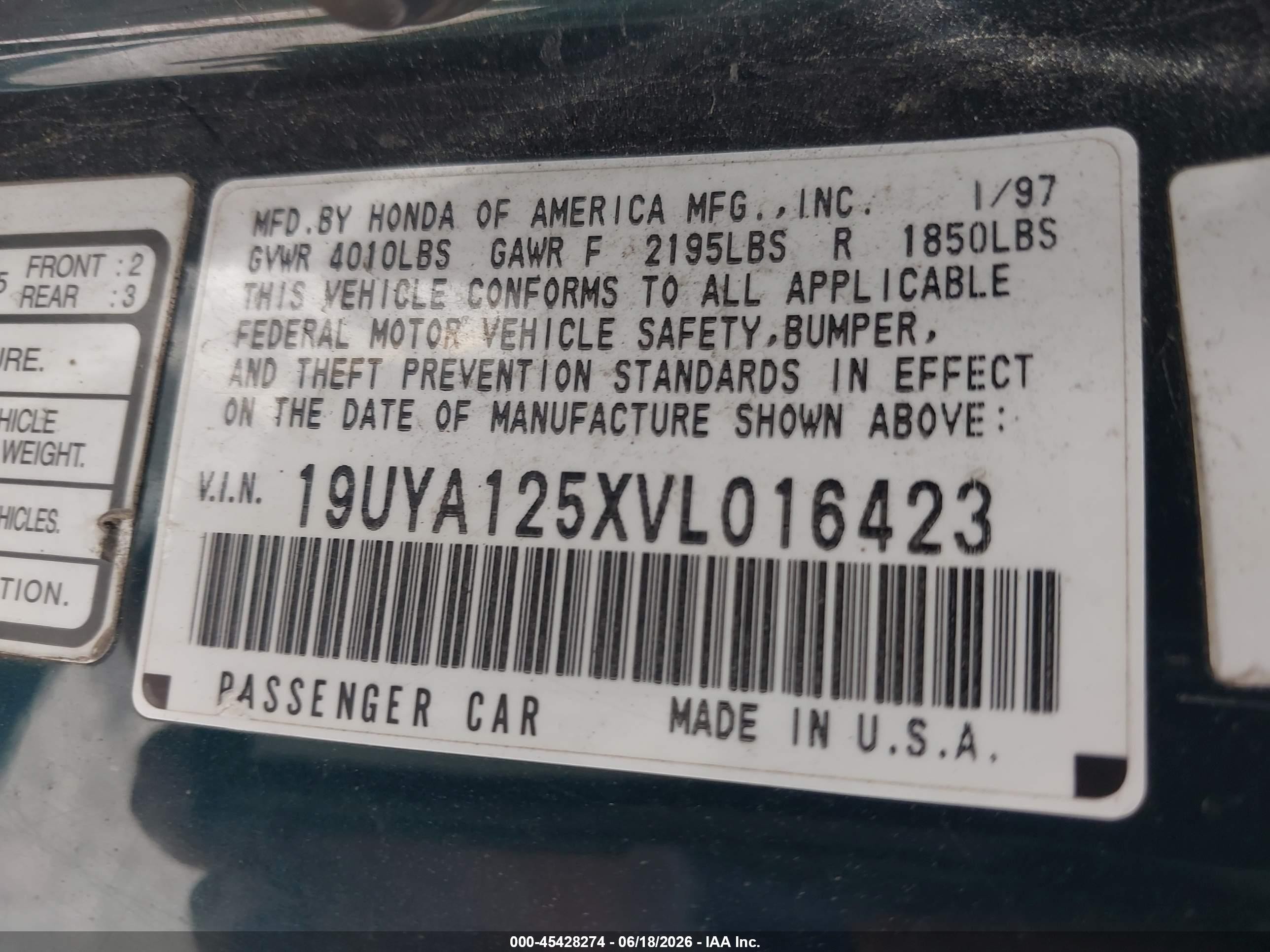 1997 Acura Cl 2.2 Green vin: 19UYA125XVL016423