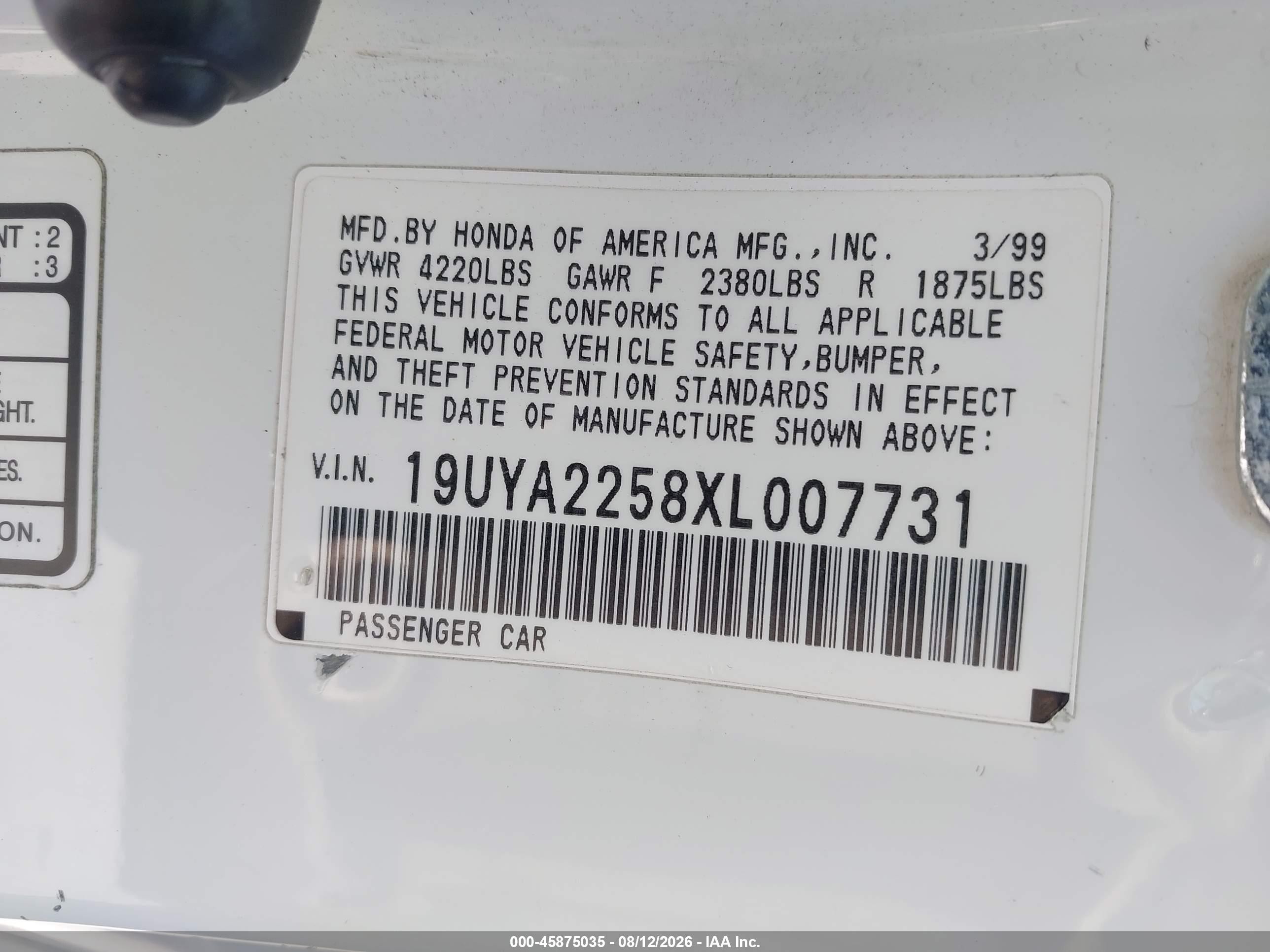 1999 Acura Cl 3.0 Белый vin: 19UYA2258XL007731
