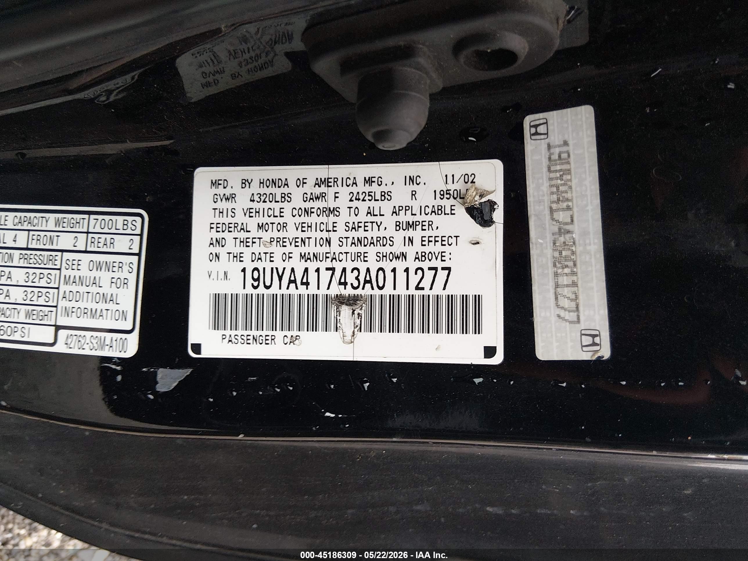 2003 Acura Cl 3.2 Type S Black vin: 19UYA41743A011277