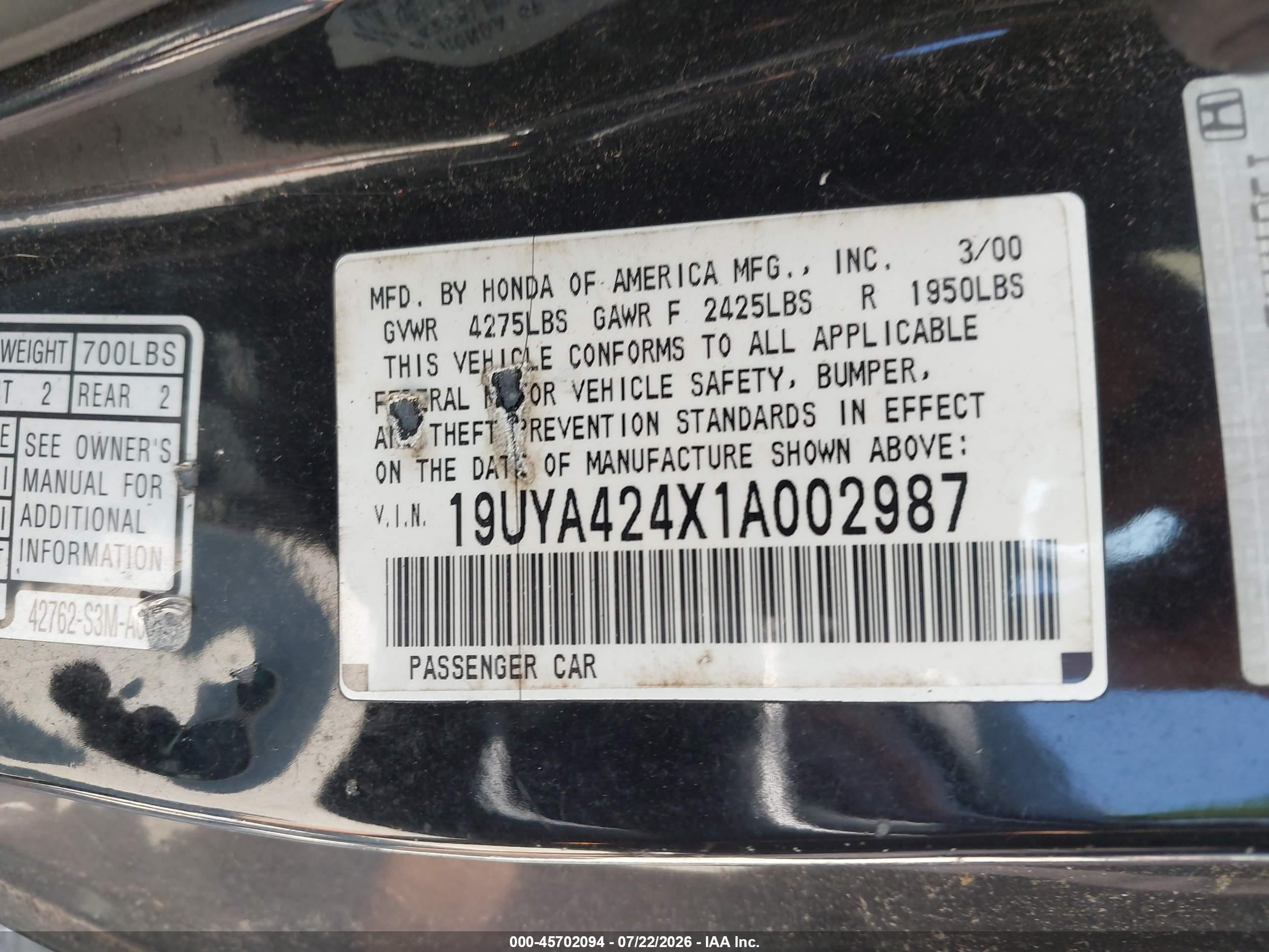 2001 Acura Cl 3.2 Black vin: 19UYA424X1A002987