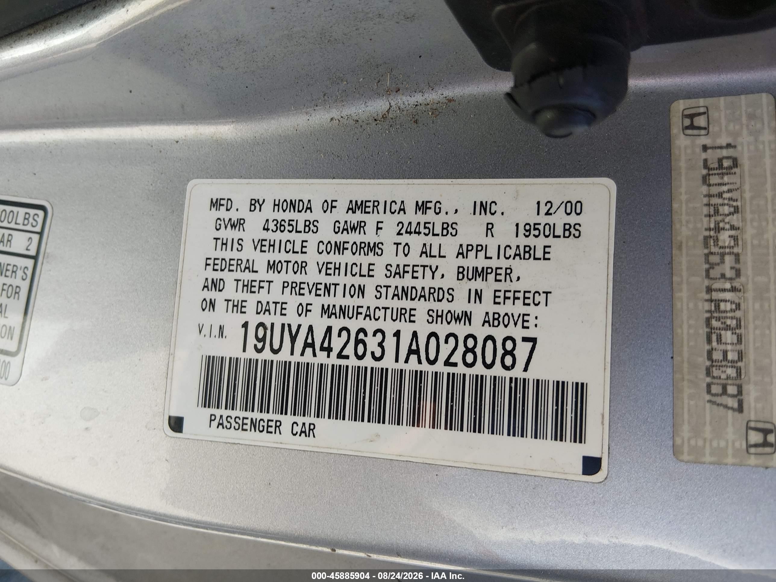 2001 Acura Cl 3.2 Type S Silver vin: 19UYA42631A028087
