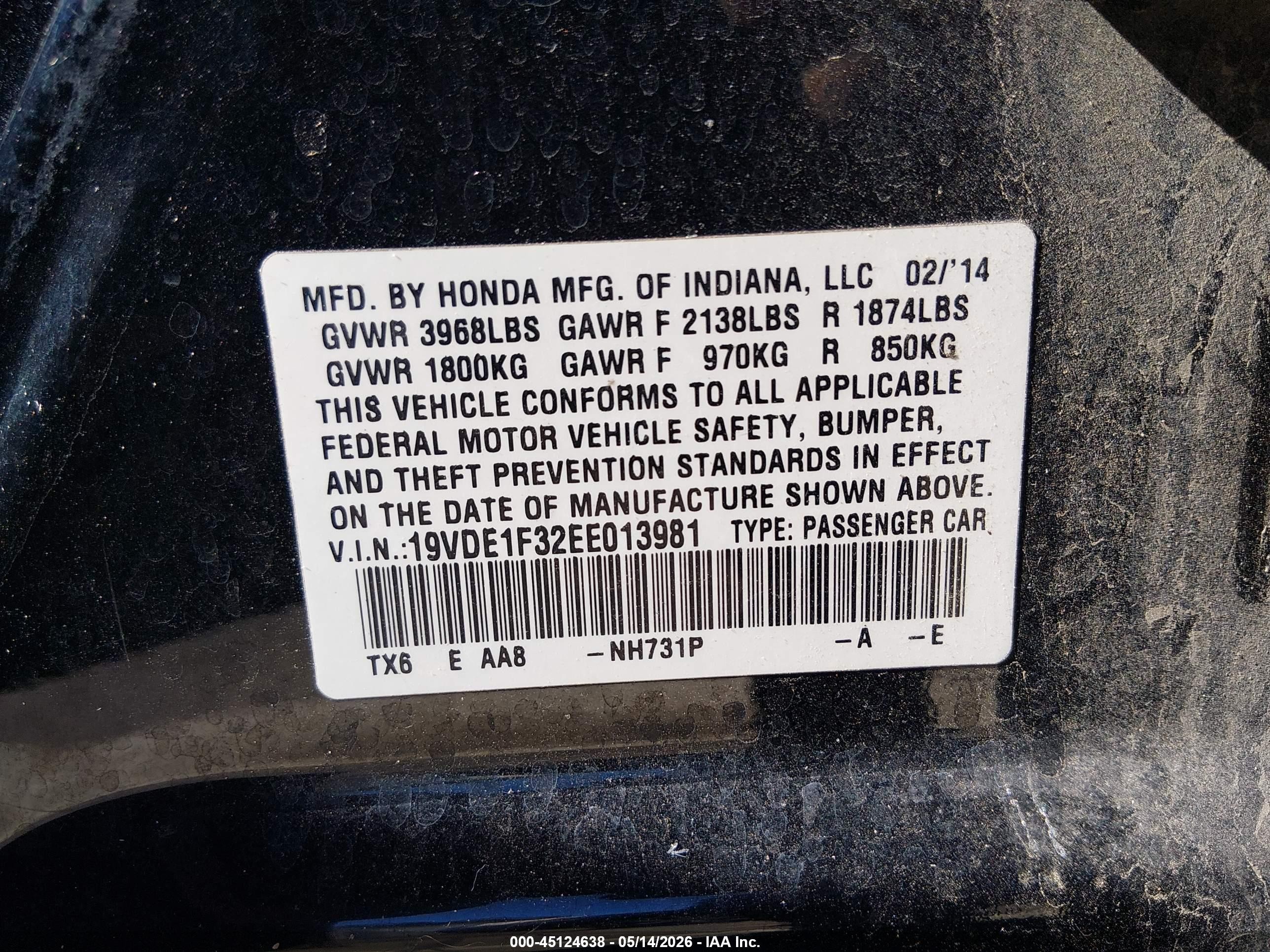 2014 Acura Ilx 2.0l Black vin: 19VDE1F32EE013981