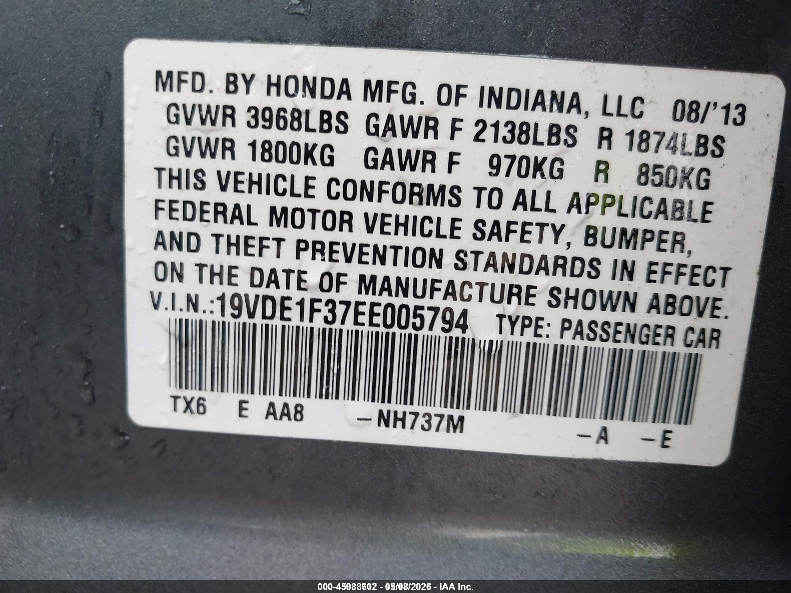 2014 Acura Ilx 2.0l Gray vin: 19VDE1F37EE005794