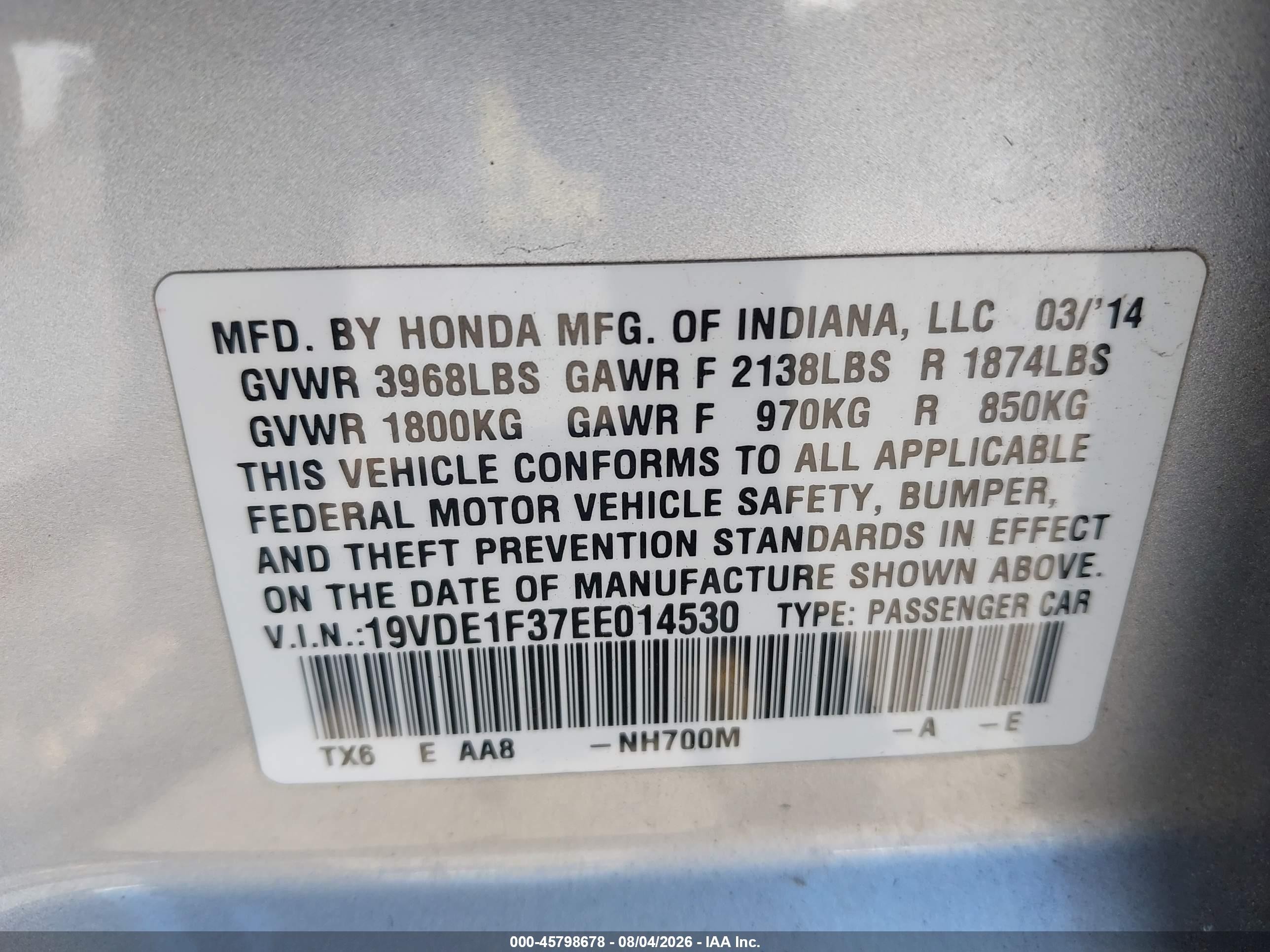 2014 Acura Ilx 2.0l Silver vin: 19VDE1F37EE014530