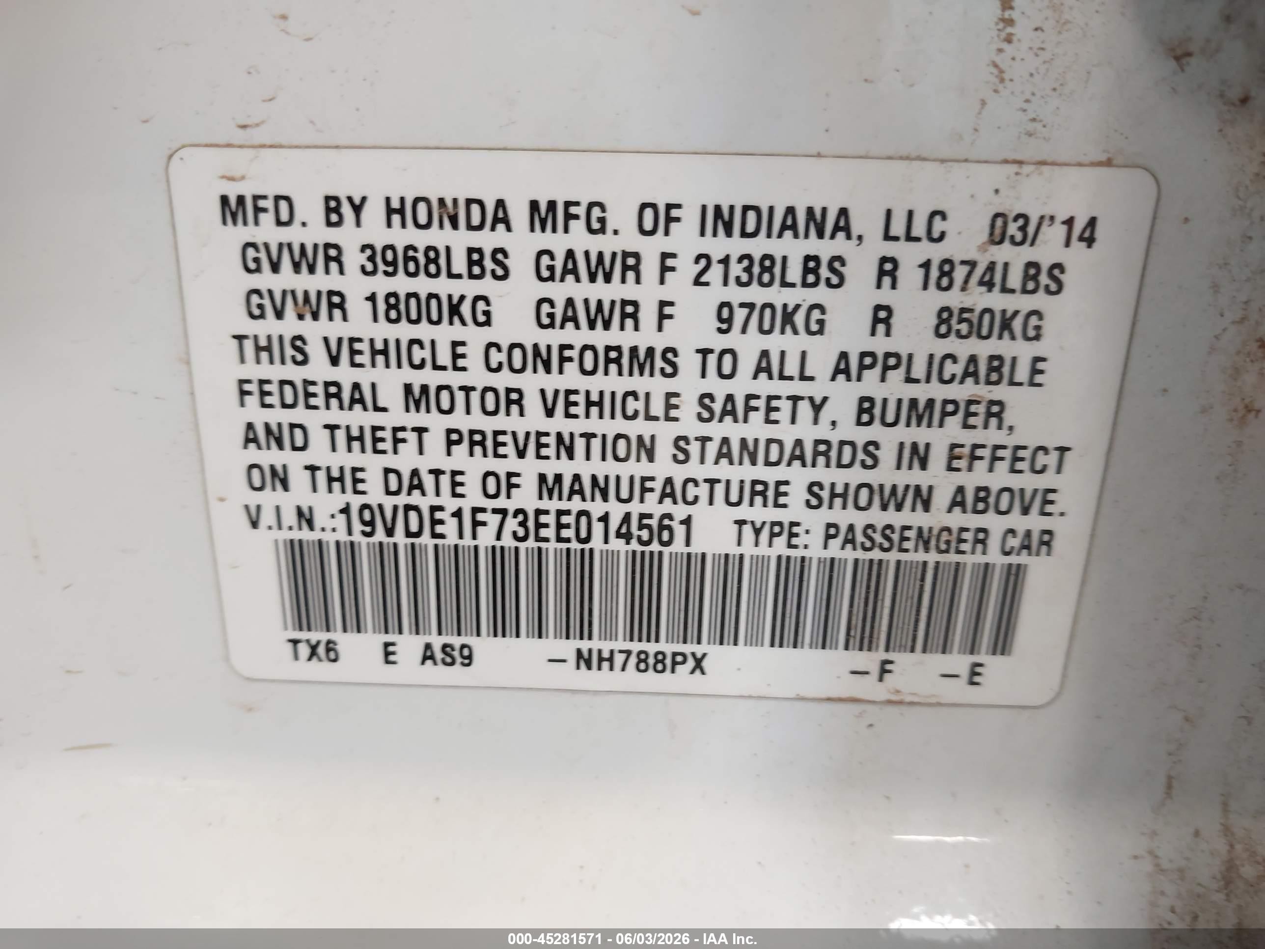 2014 Acura Ilx 2.0l White vin: 19VDE1F73EE014561
