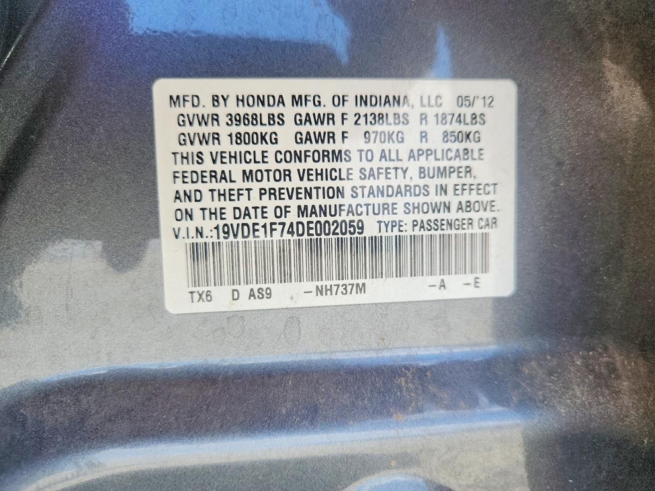 2013 Acura Ilx Charcoal vin: 19VDE1F74DE002059