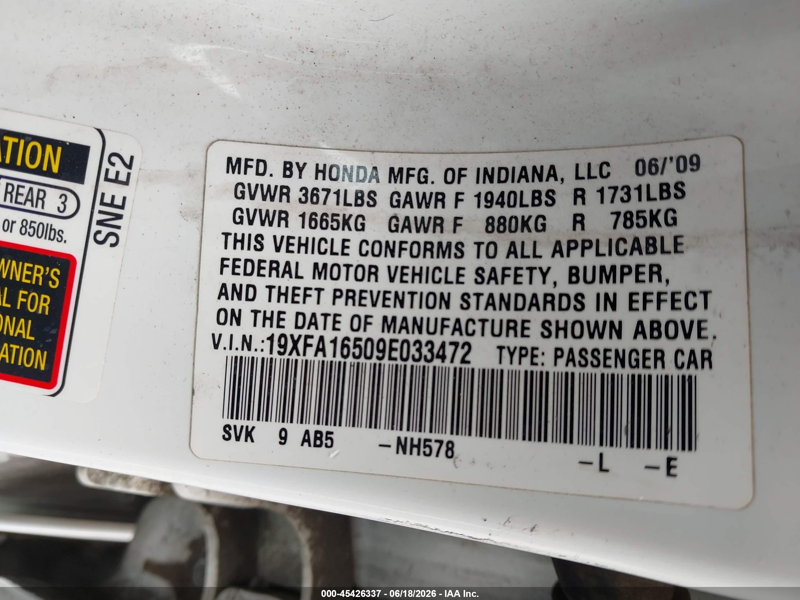 2009 Honda Civic Lx White vin: 19XFA16509E033472