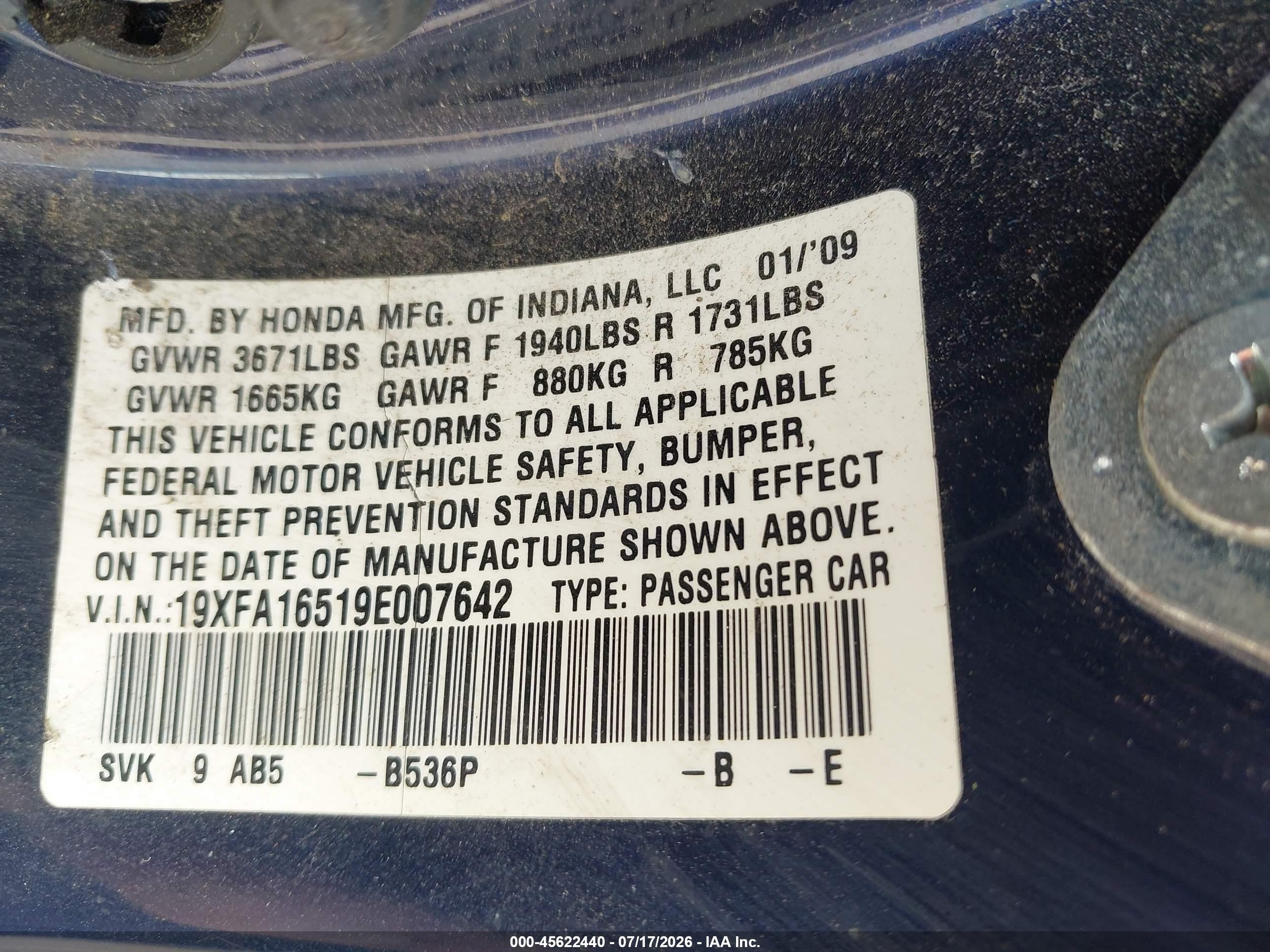 2009 Honda Civic Lx Синий vin: 19XFA16519E007642