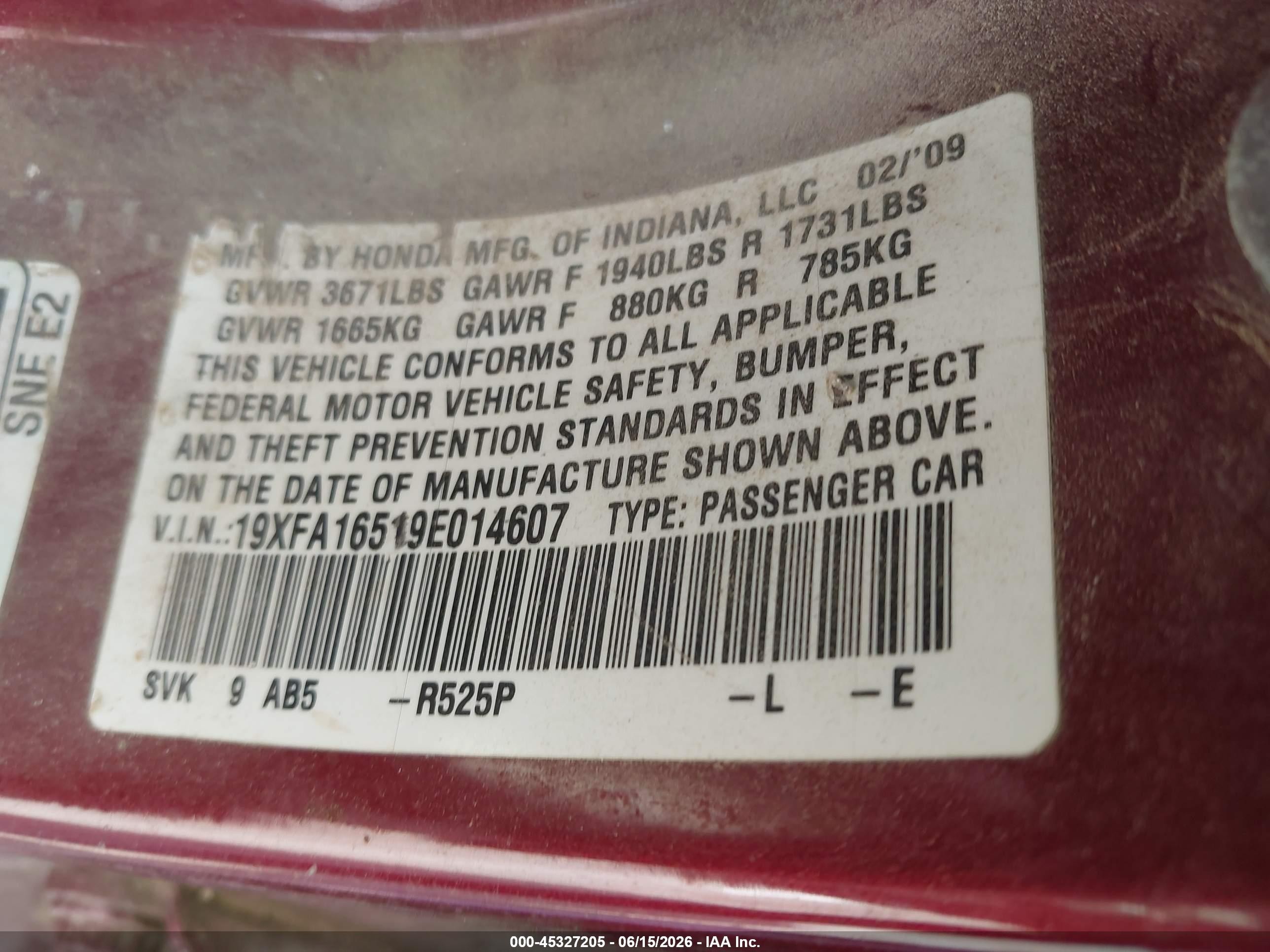 2009 Honda Civic Lx Red vin: 19XFA16519E014607