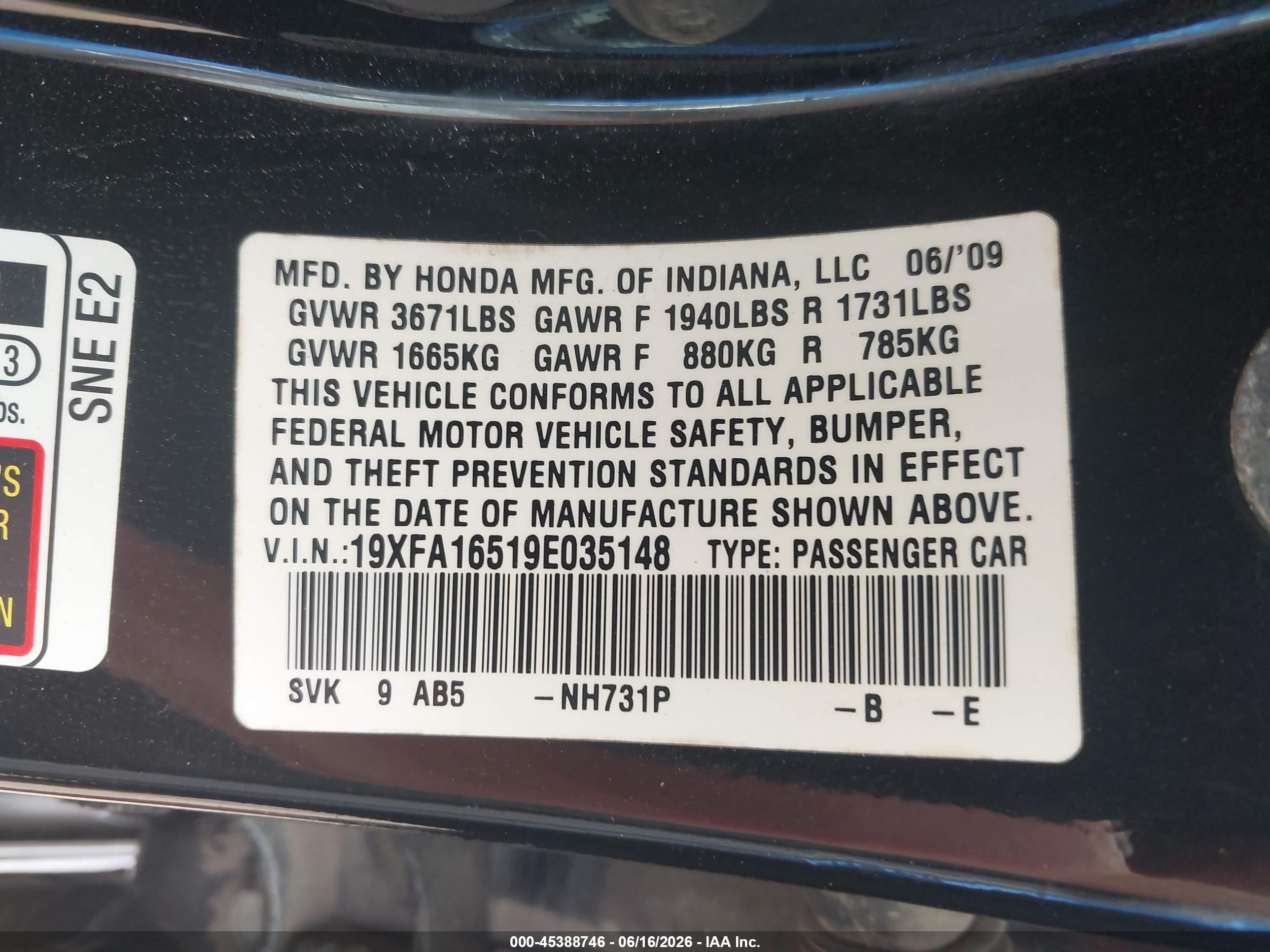 2009 Honda Civic Lx Black vin: 19XFA16519E035148