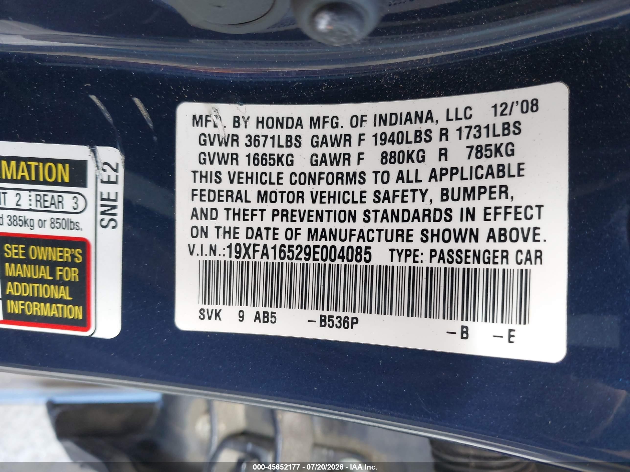 2009 Honda Civic Lx Dark Blue vin: 19XFA16529E004085