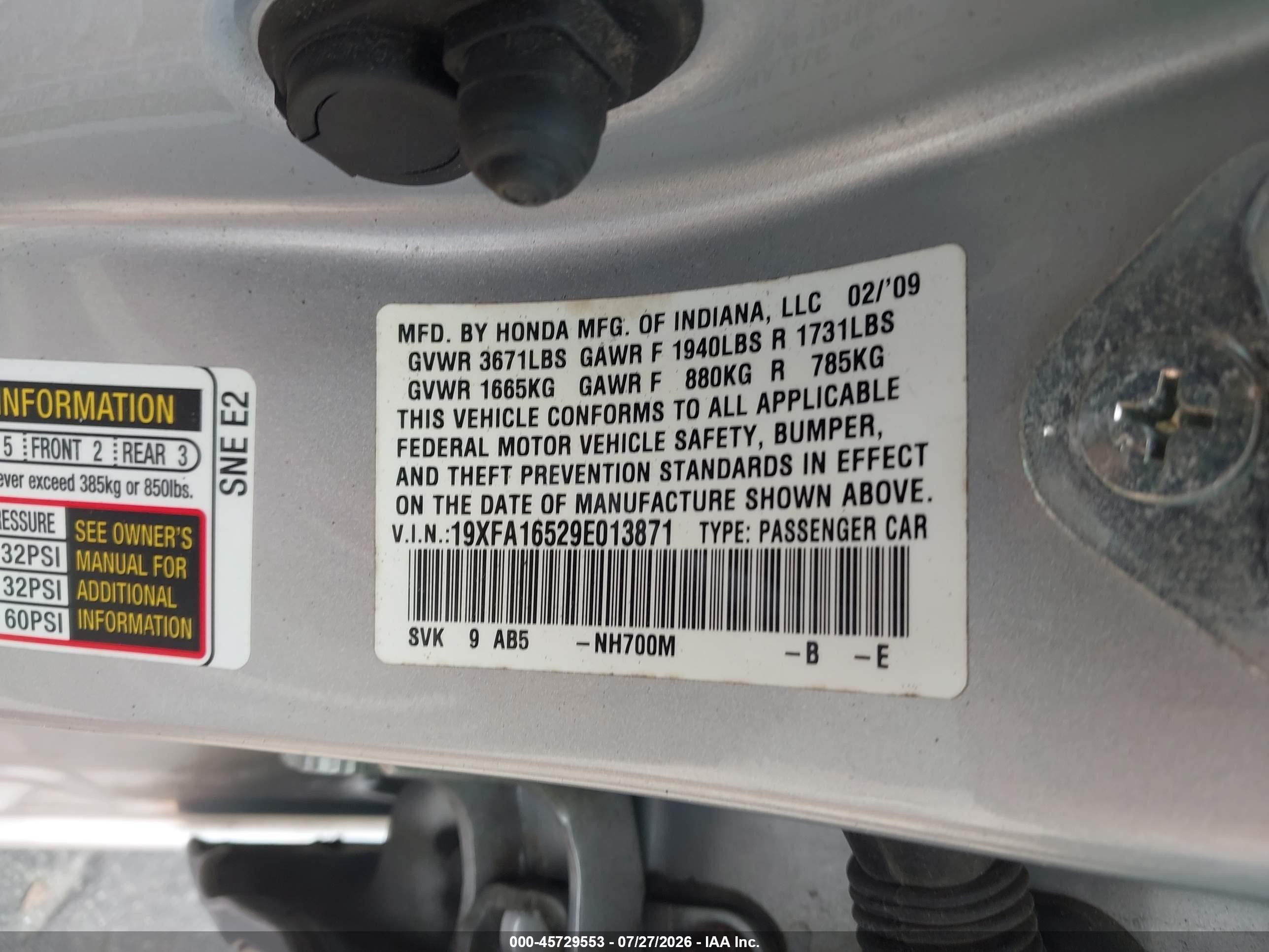 2009 Honda Civic Lx Silver vin: 19XFA16529E013871