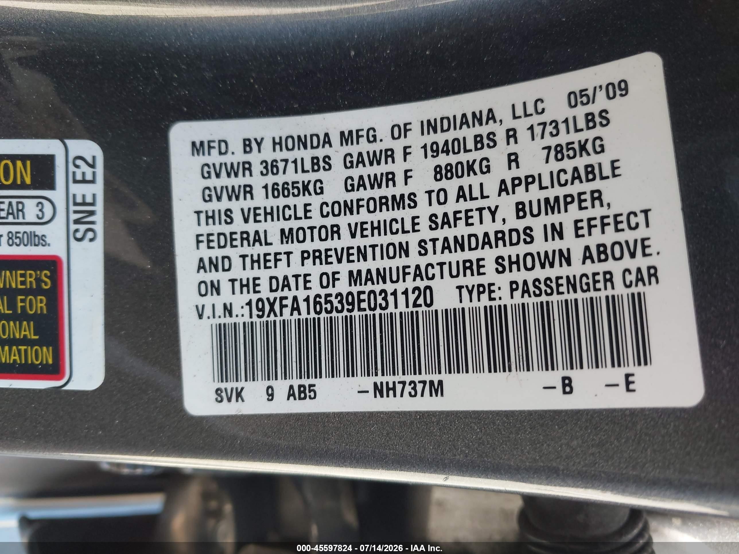 2009 Honda Civic Lx Gray vin: 19XFA16539E031120